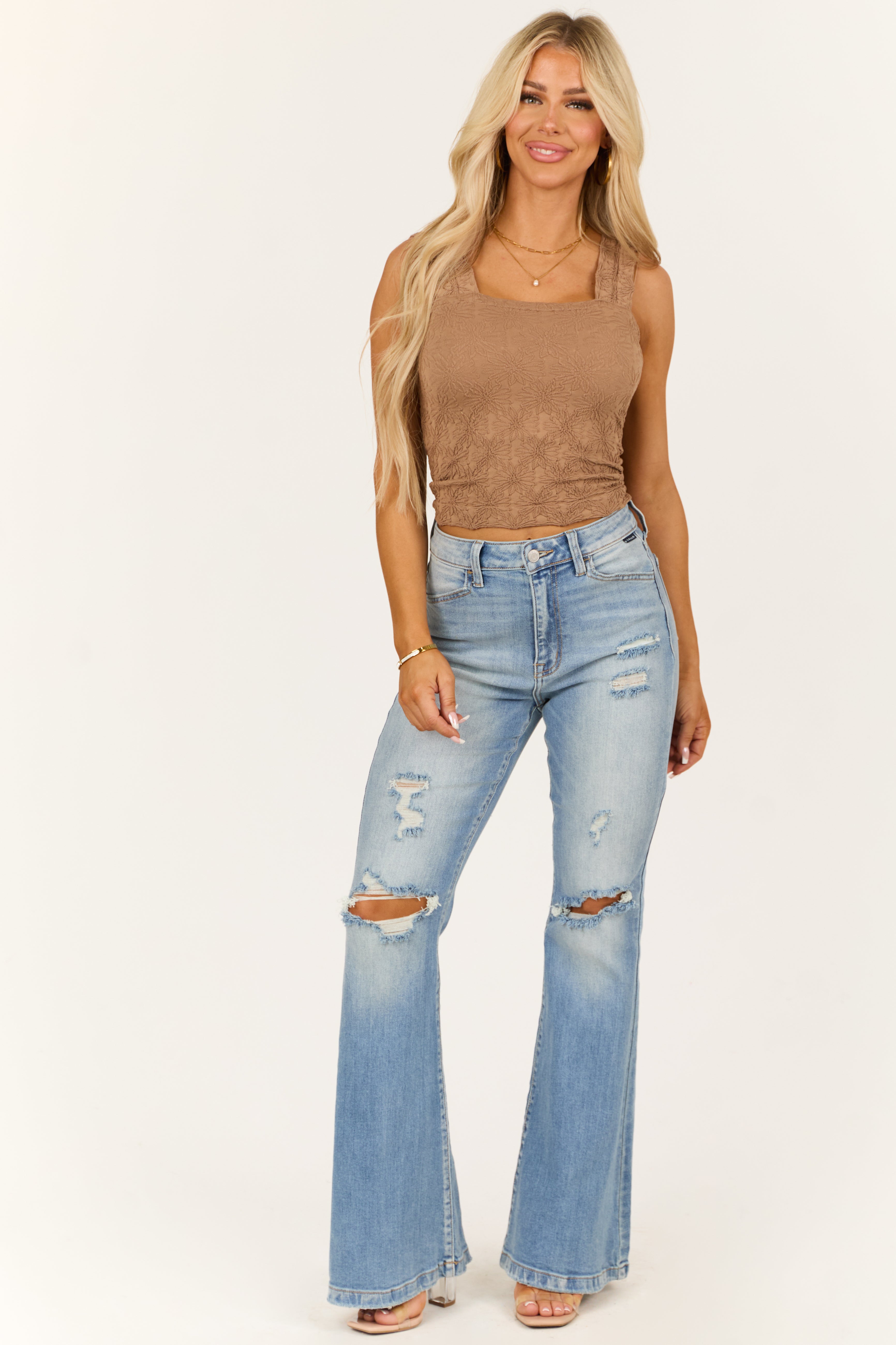 Cello Light Wash Flare Leg High Rise Jeans-Newayad