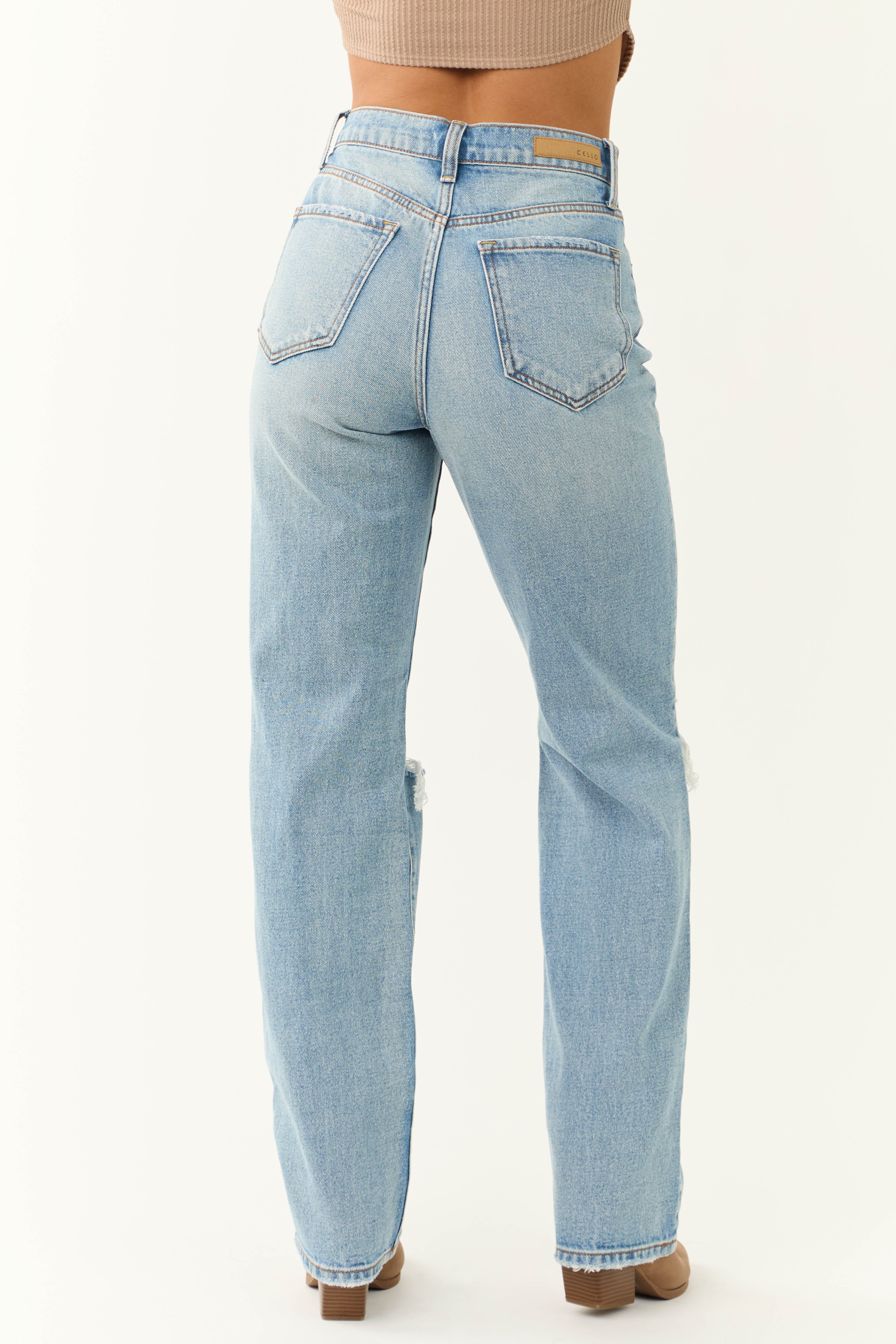 Cello Light Wash High Waisted Distressed Dad Jeans-Newayad