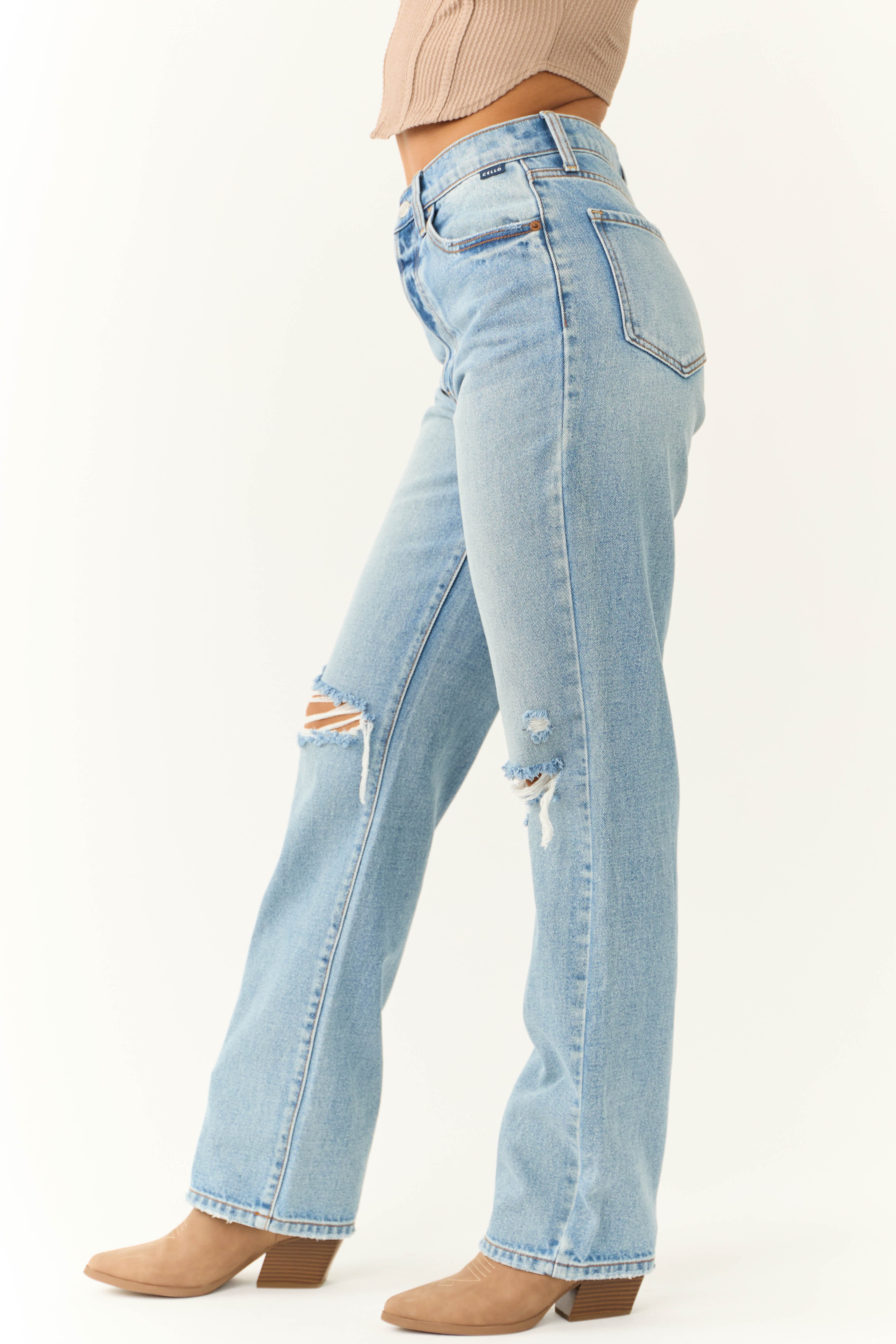 Cello Light Wash High Waisted Distressed Dad Jeans-Newayad
