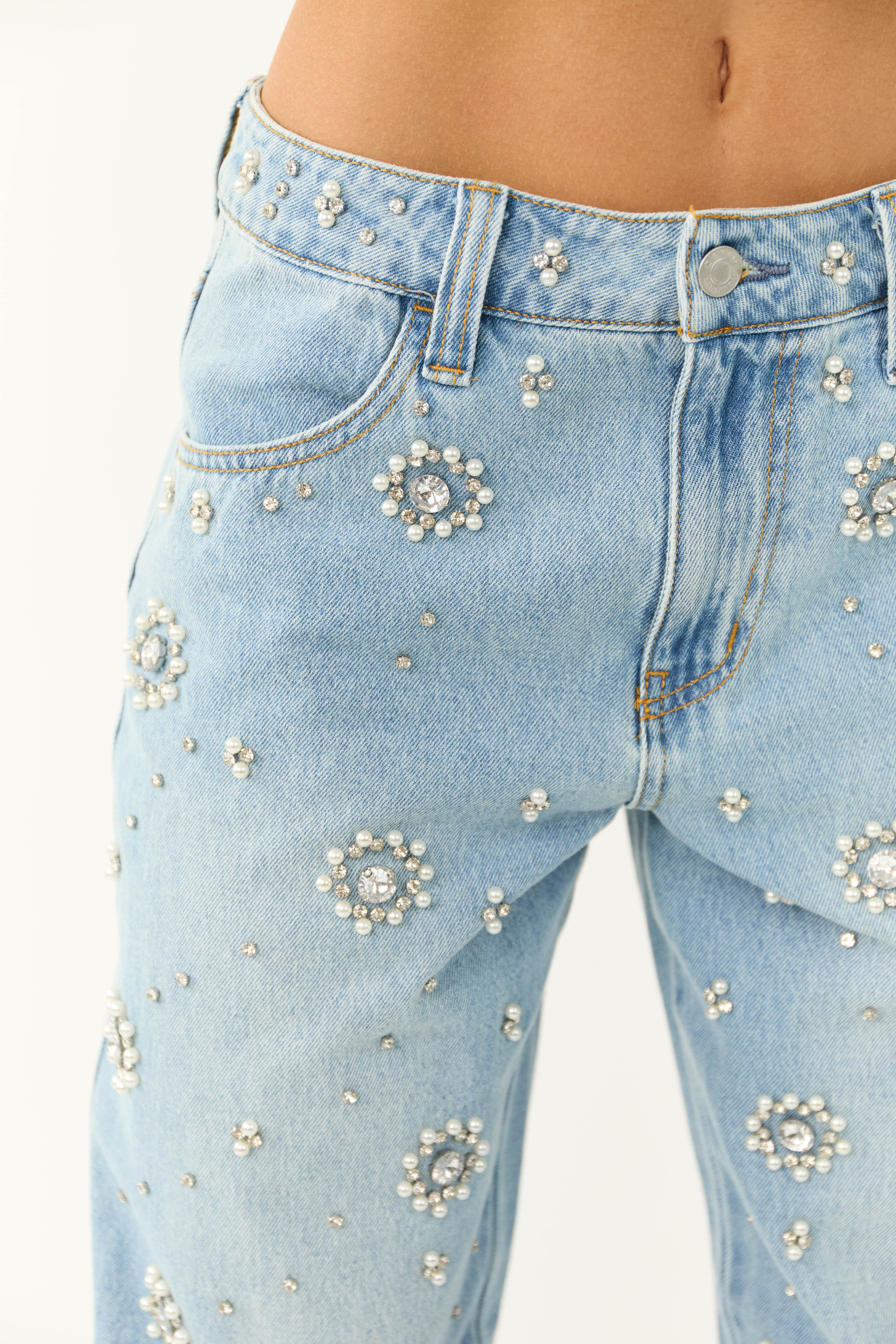 Cello Light Wash Rhinestone Wide Leg Jeans-Newayad