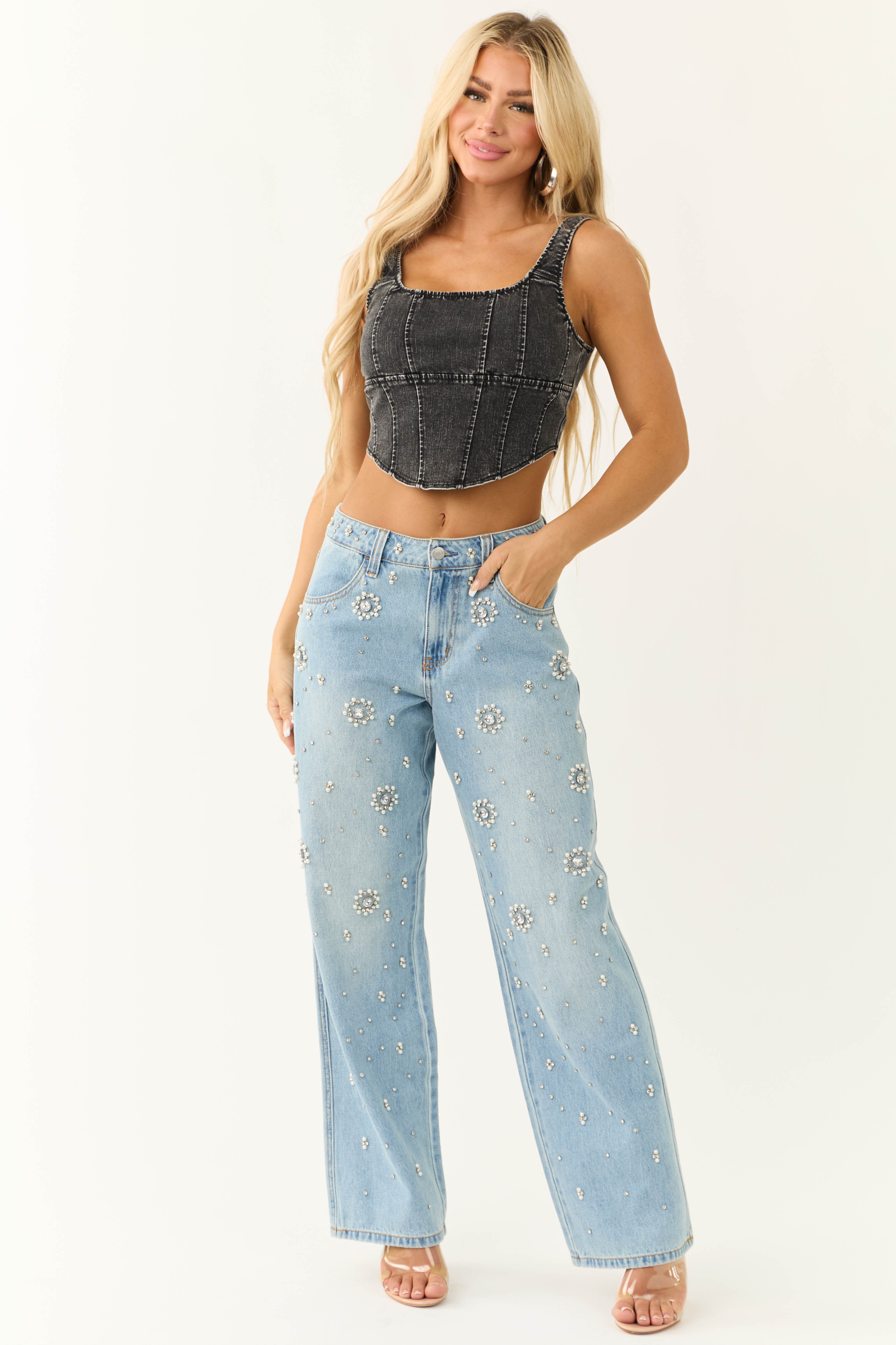 Cello Light Wash Rhinestone Wide Leg Jeans-Newayad