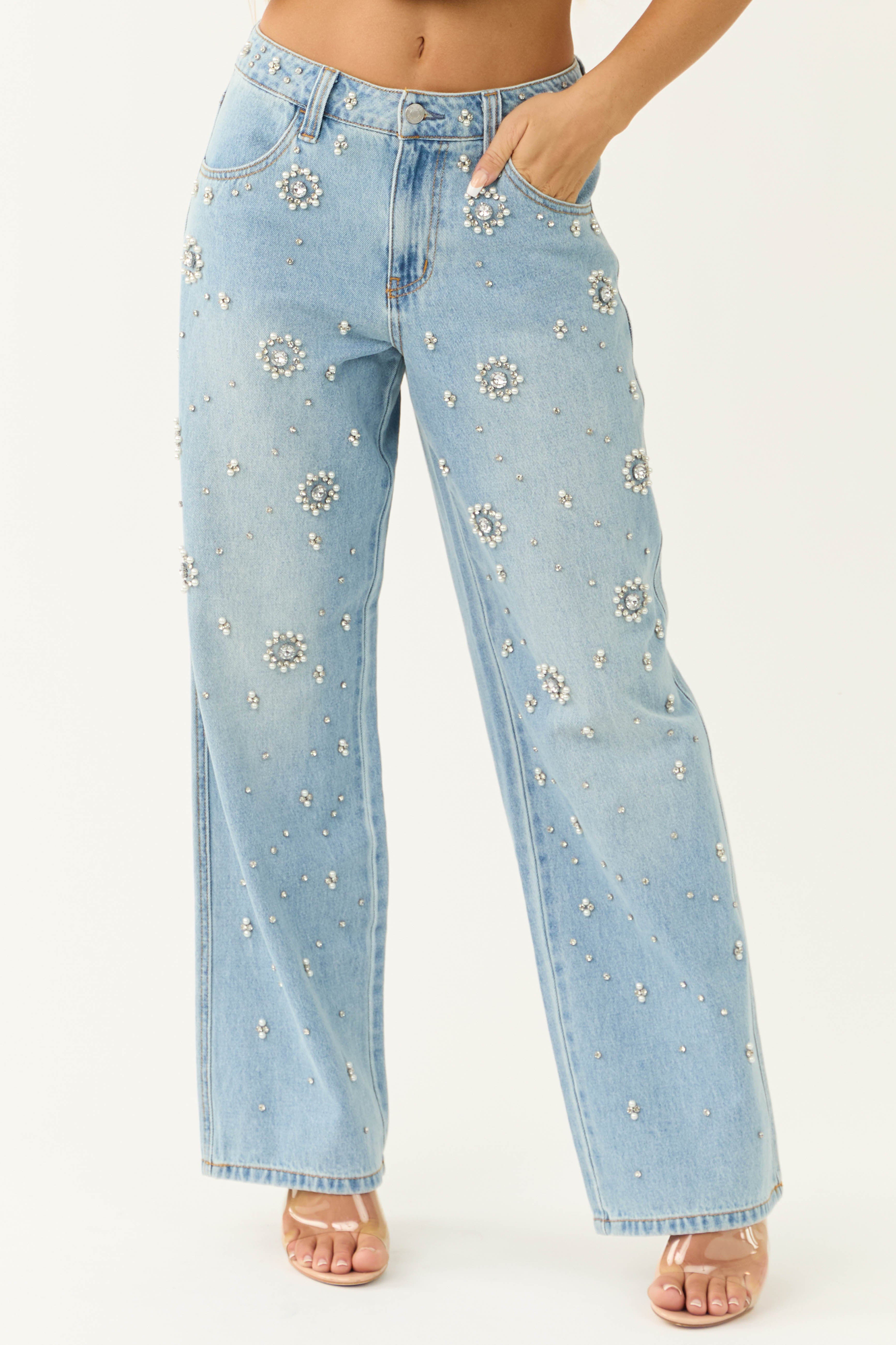 Cello Light Wash Rhinestone Wide Leg Jeans-Newayad