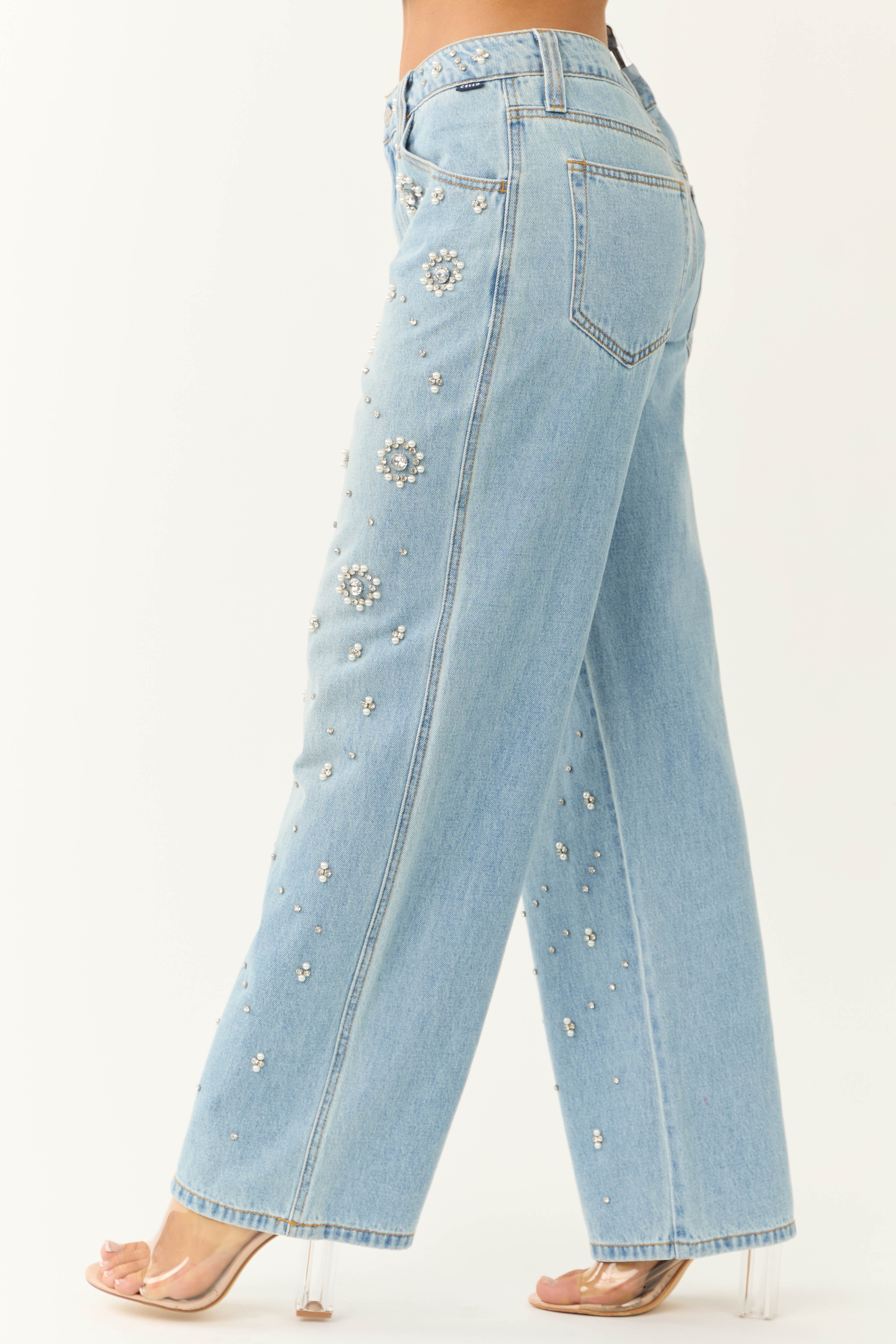 Cello Light Wash Rhinestone Wide Leg Jeans-Newayad