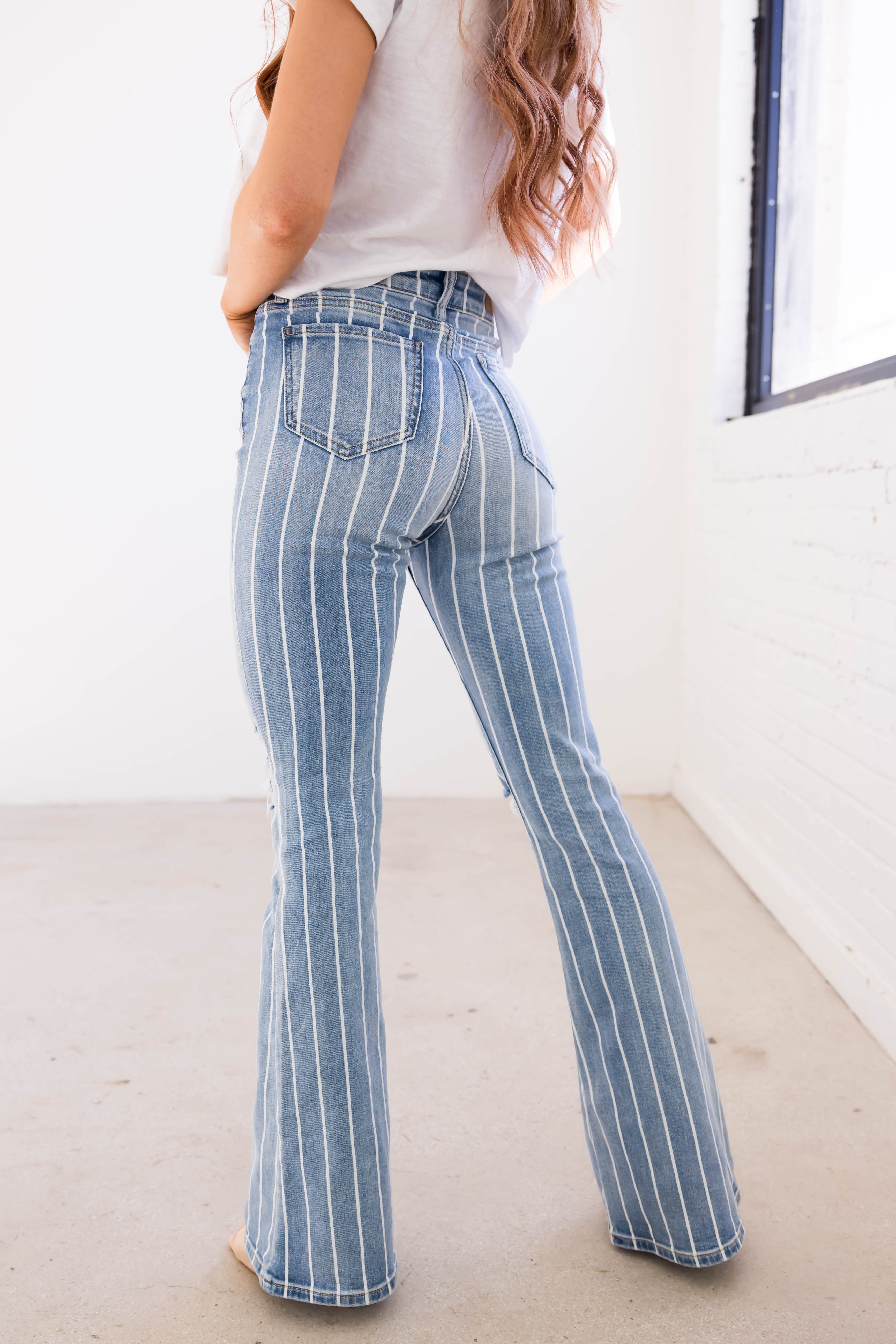 Cello Light Wash Striped High Rise Flare Jeans-Newayad