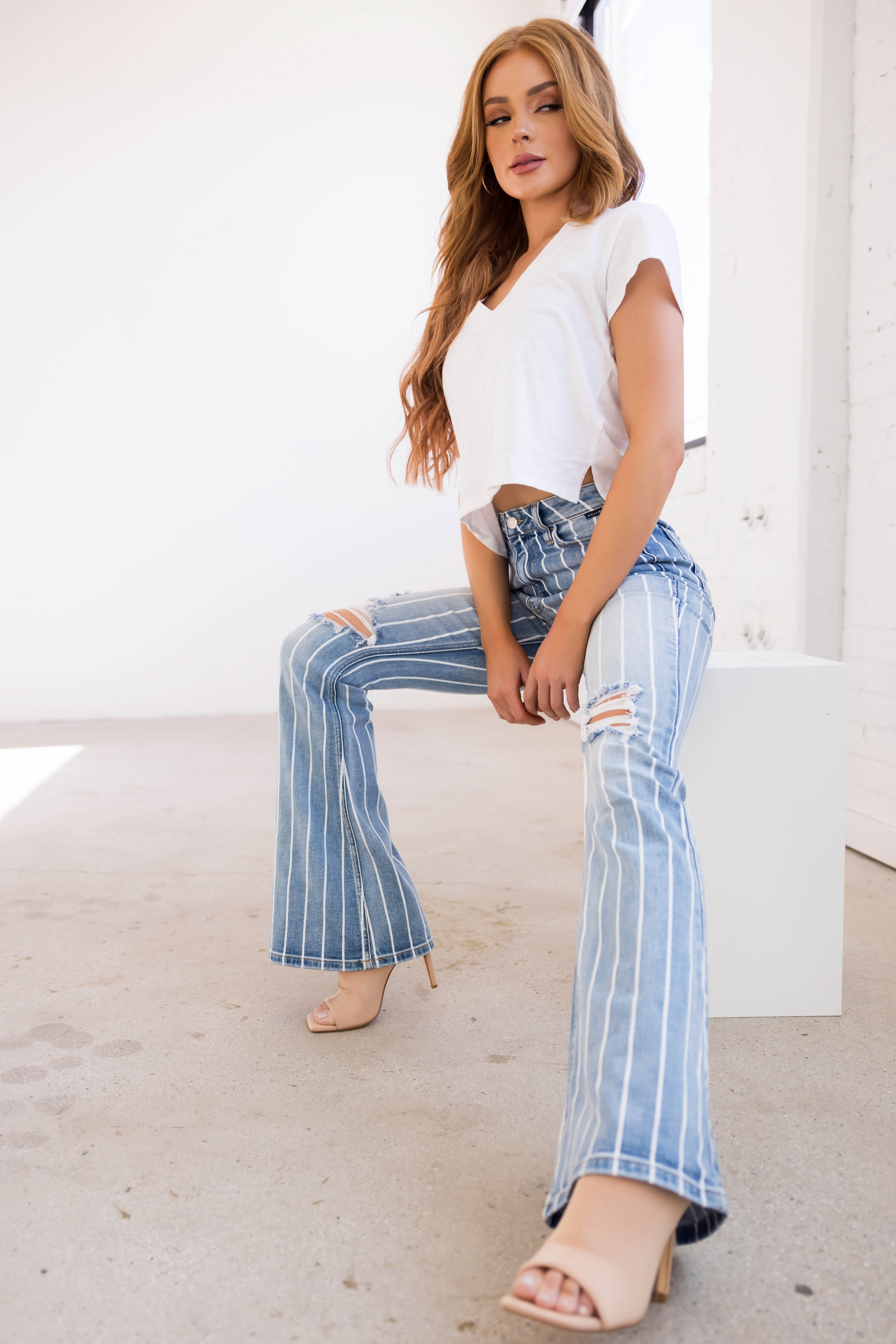Cello Light Wash Striped High Rise Flare Jeans-Newayad