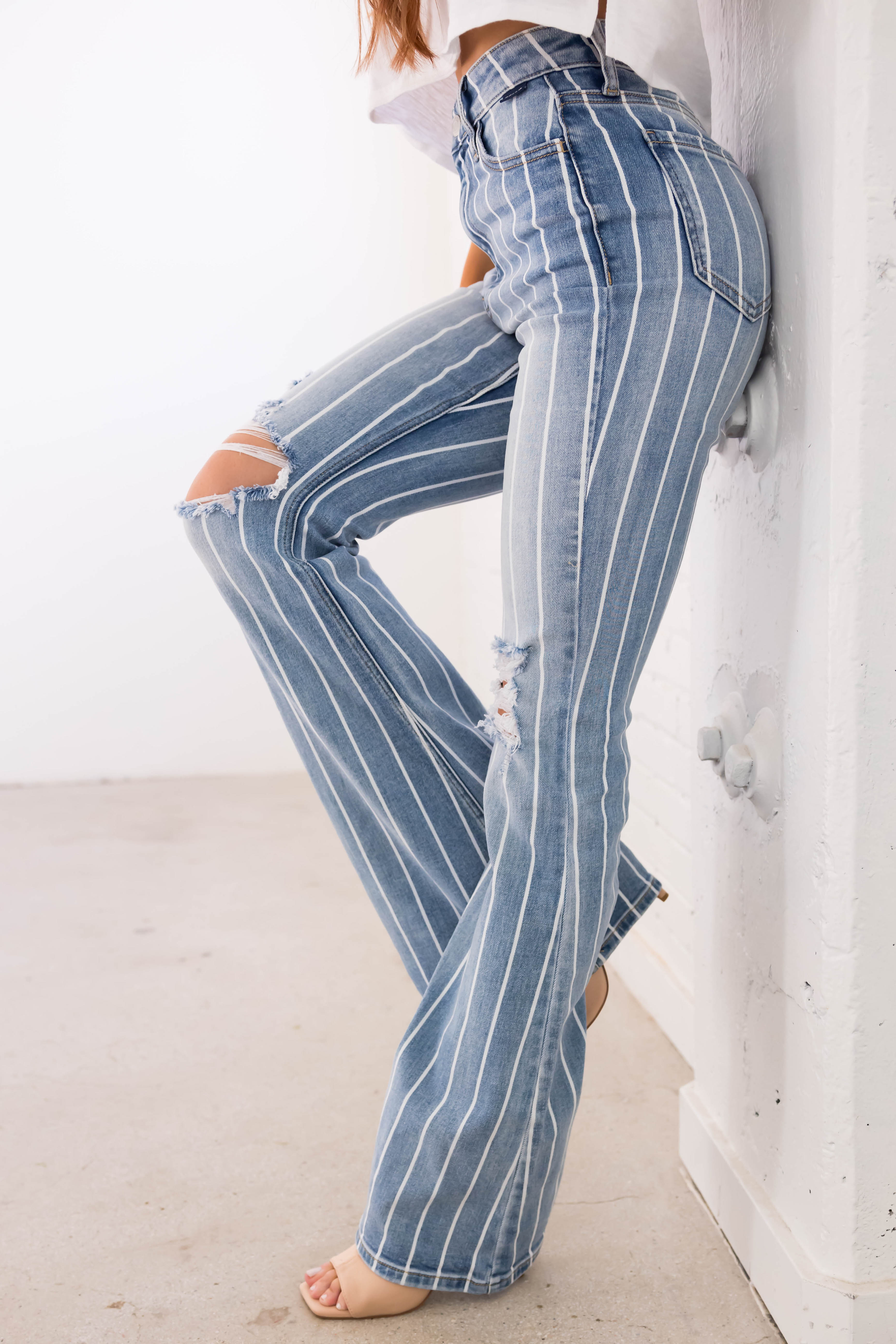 Cello Light Wash Striped High Rise Flare Jeans-Newayad