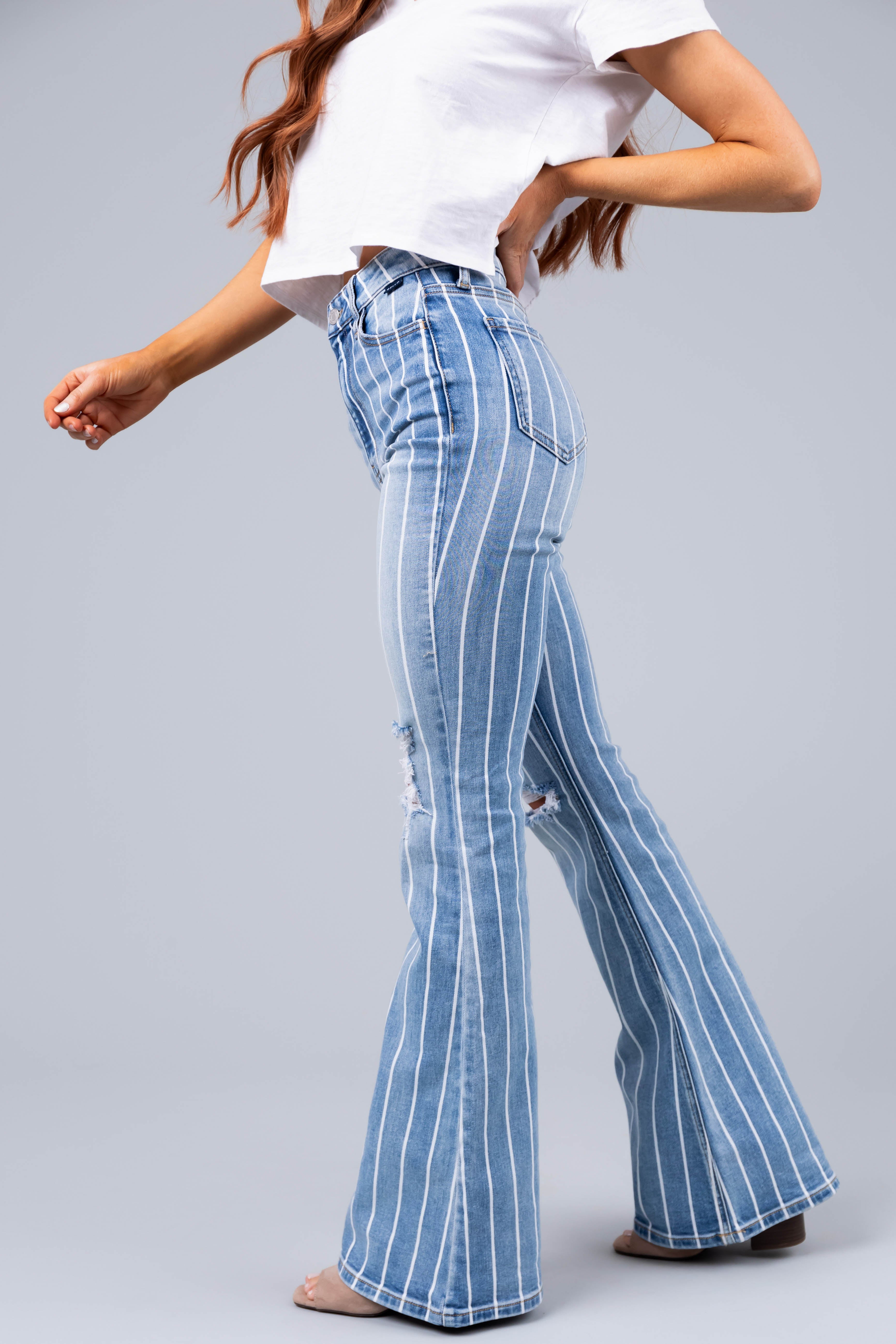 Cello Light Wash Striped High Rise Flare Jeans-Newayad