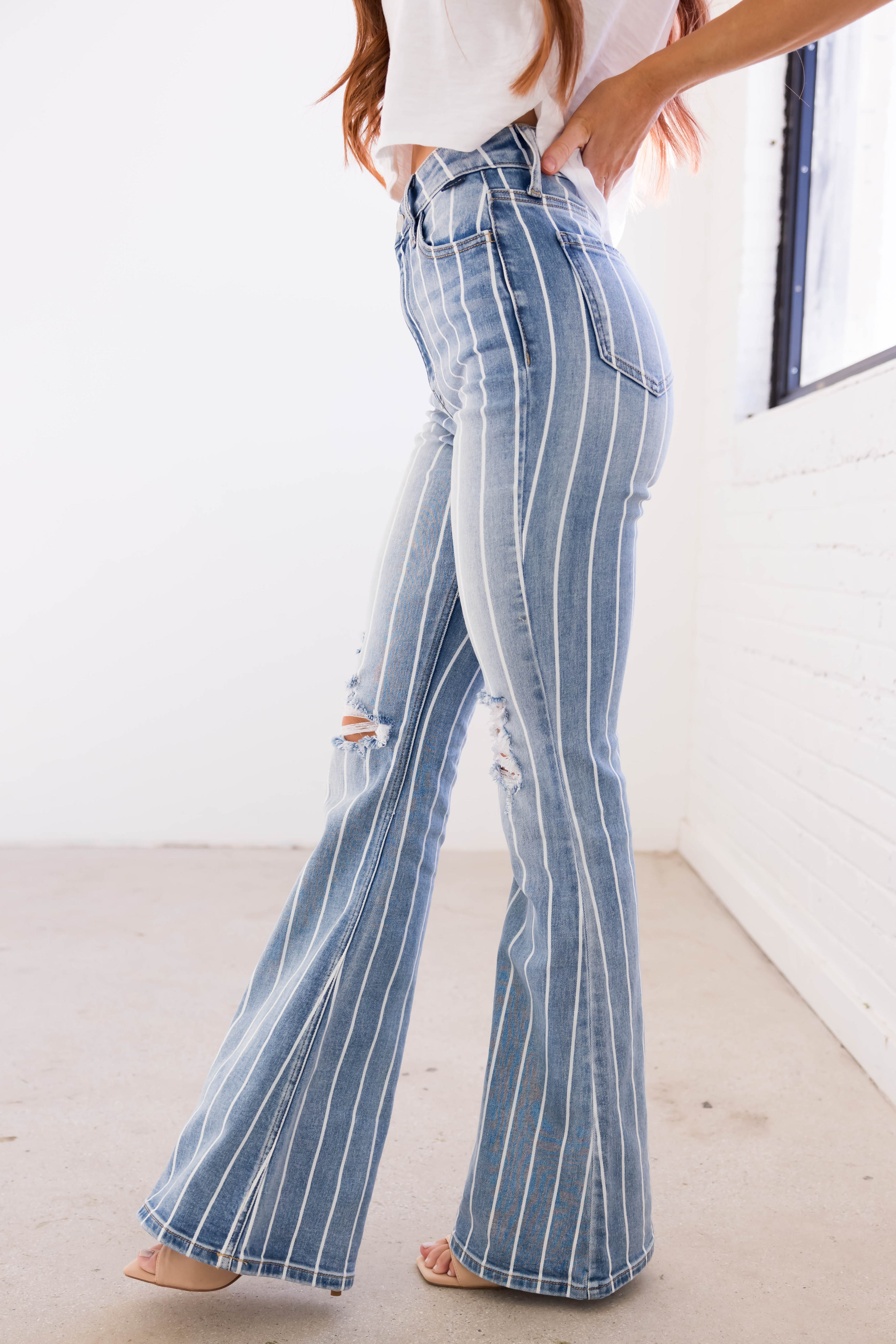 Cello Light Wash Striped High Rise Flare Jeans-Newayad