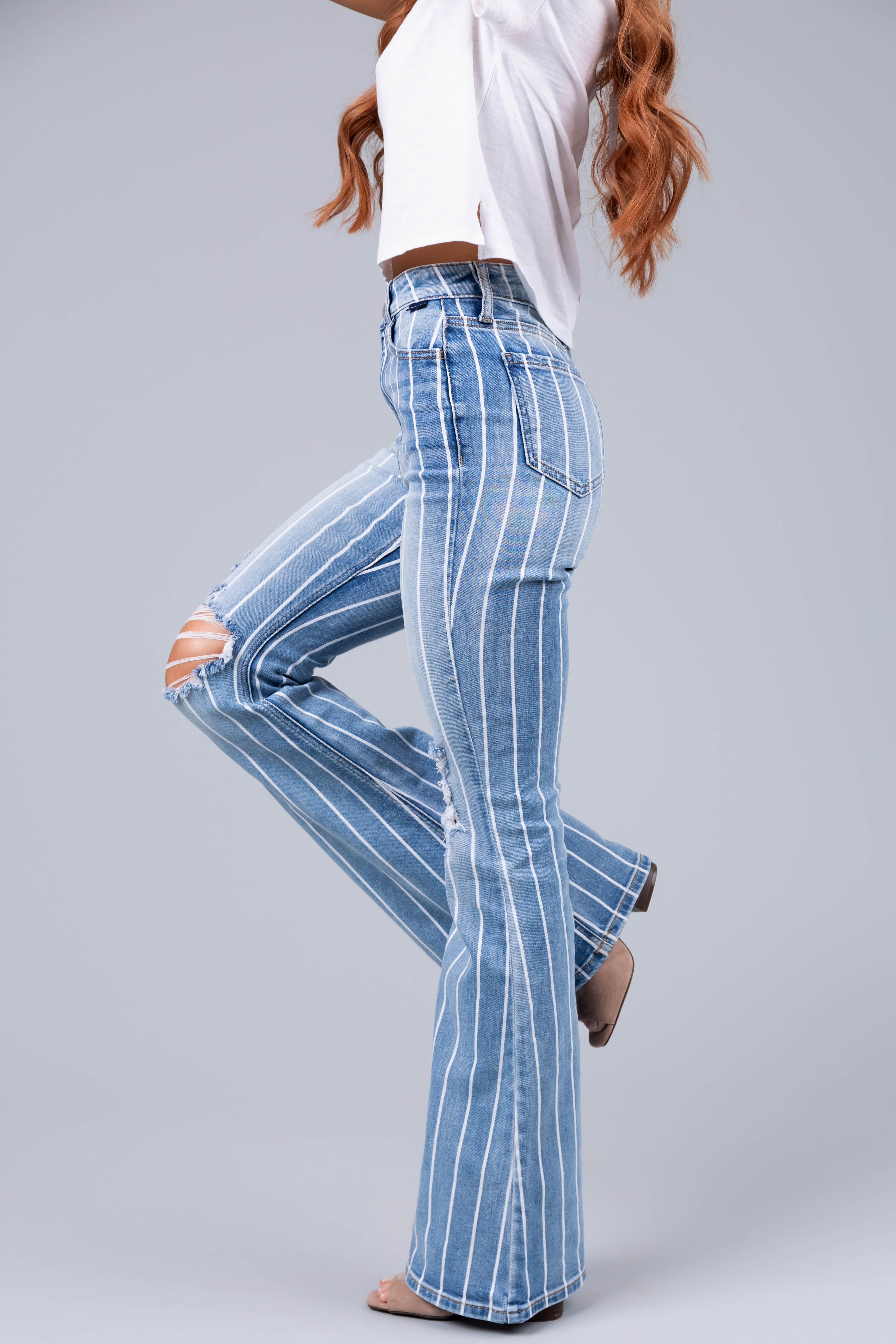 Cello Light Wash Striped High Rise Flare Jeans-Newayad