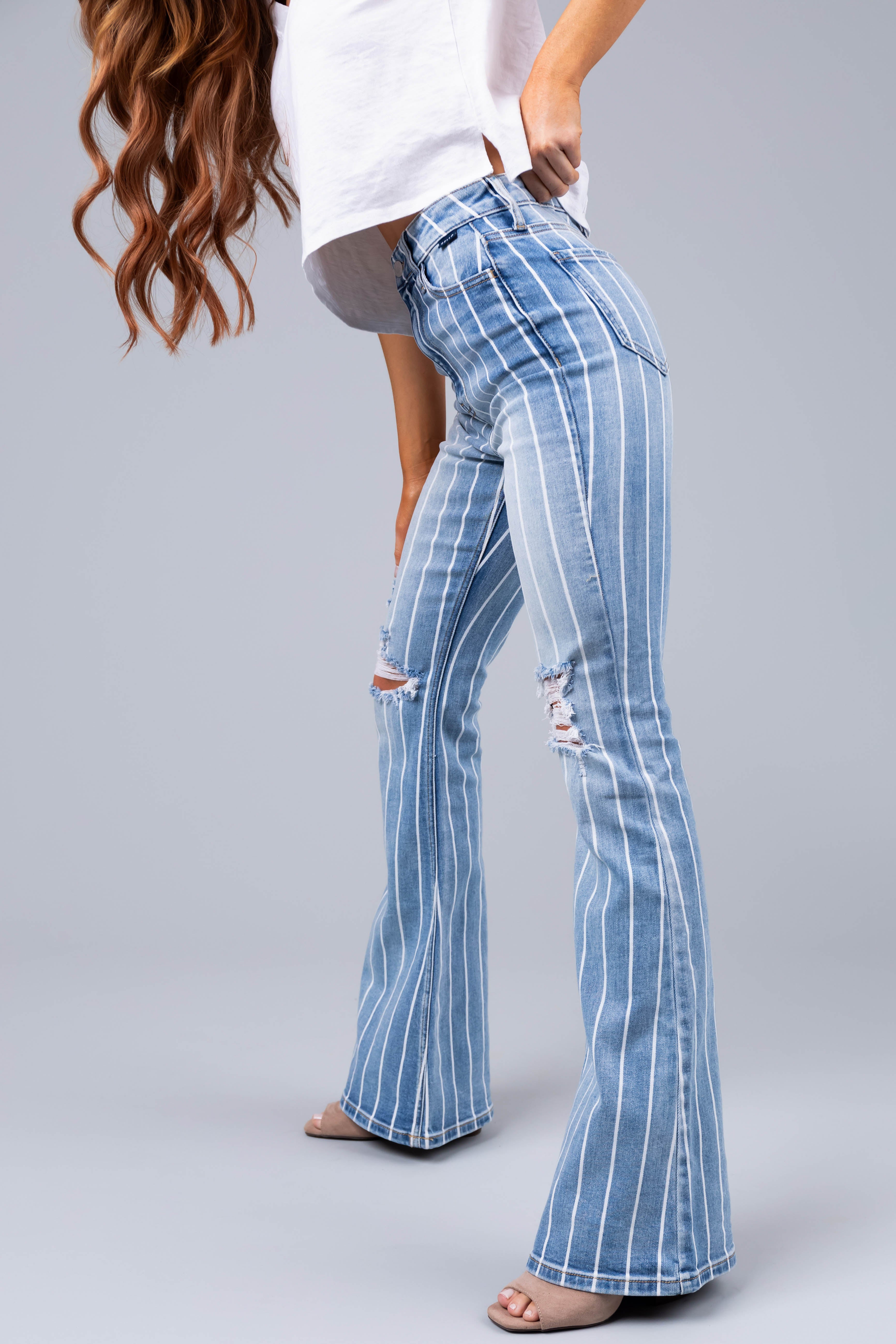 Cello Light Wash Striped High Rise Flare Jeans-Newayad