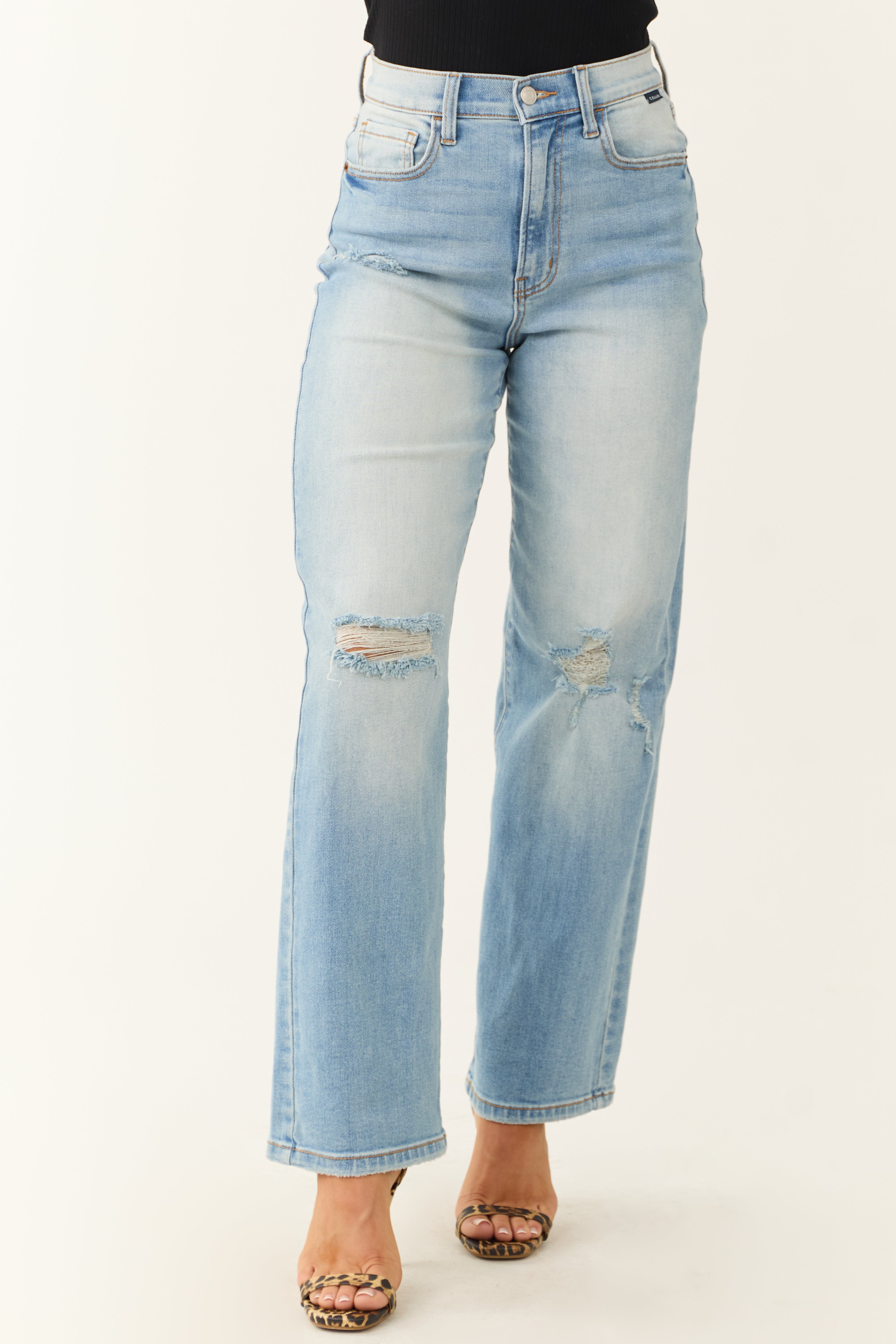 Cello Light Wash Wide Leg Distressed Jeans-Newayad