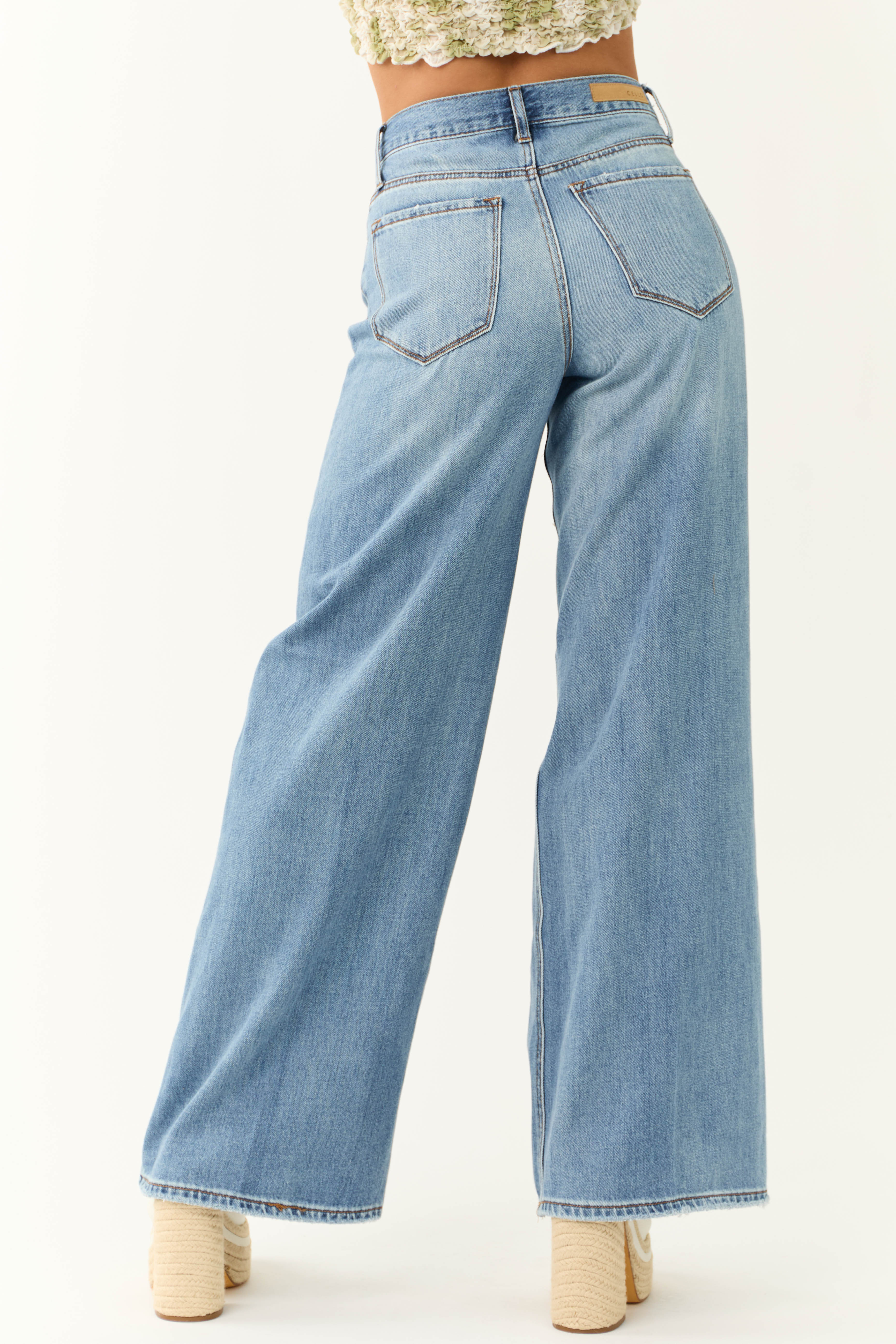Cello Medium Light Wash Distressed Knee Wide Leg Jeans-Newayad