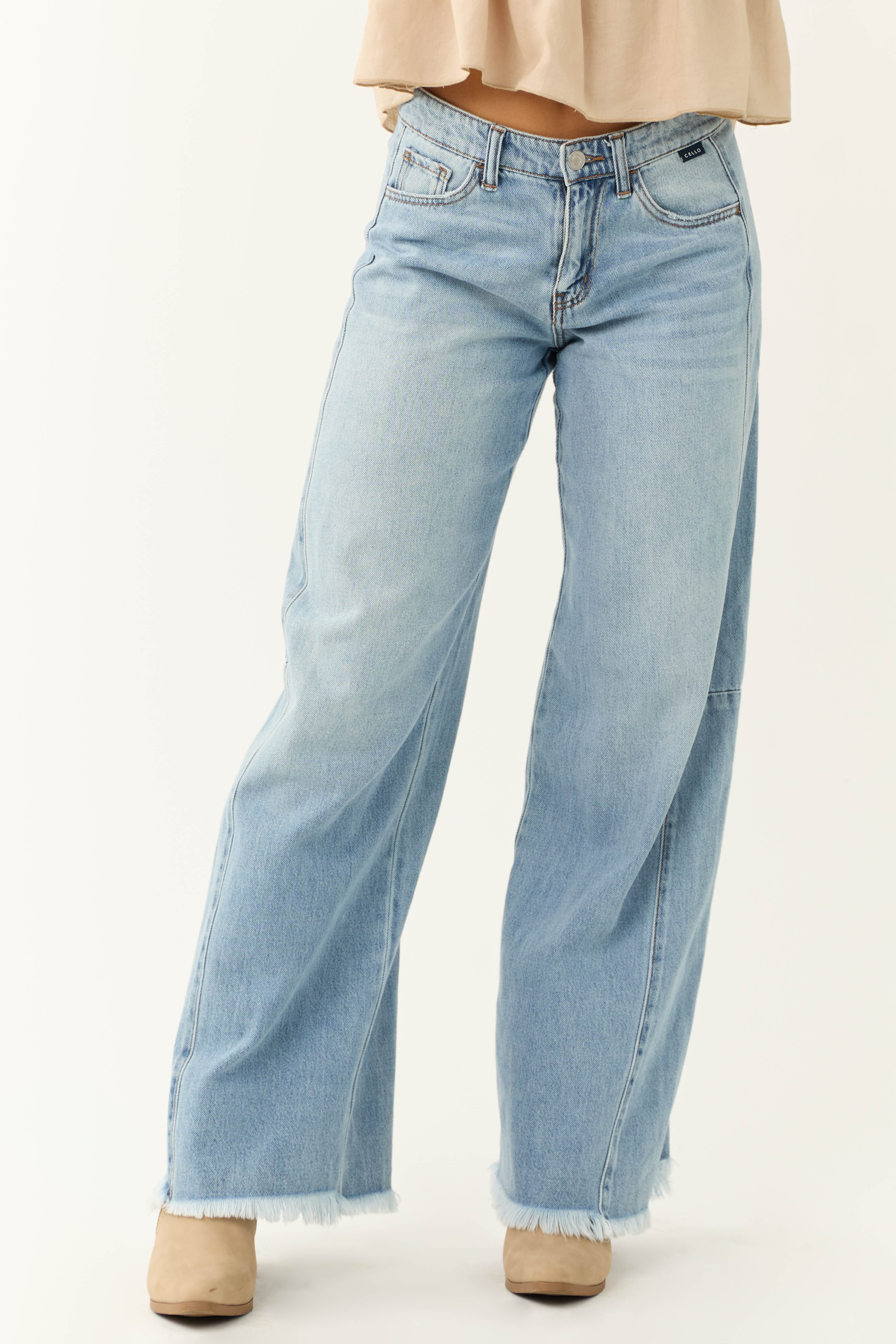 Cello Medium Wash Denim Mid Rise Wide Leg Jeans-Newayad