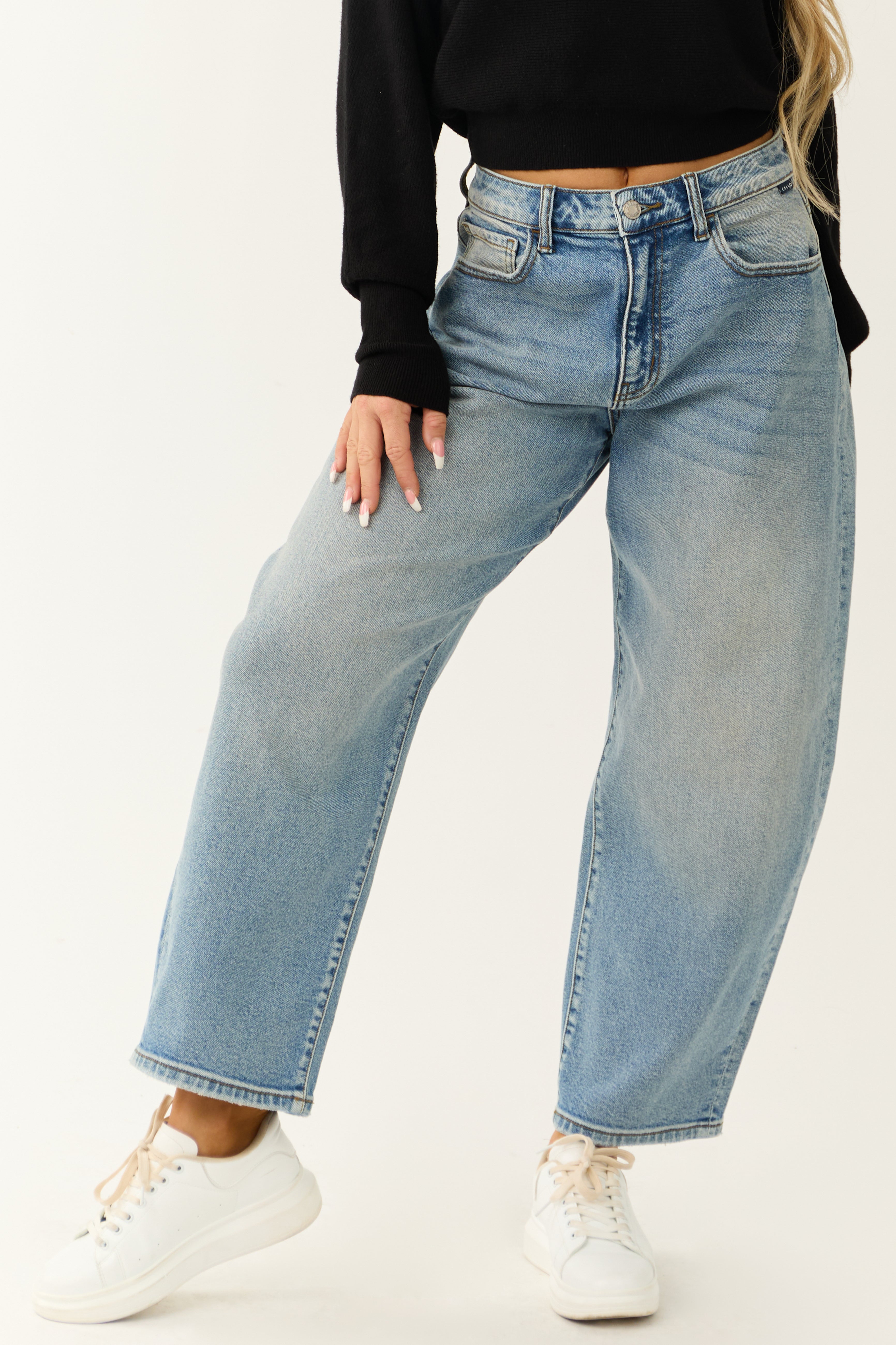 Cello Medium Wash High Rise Barrel Jeans-Newayad