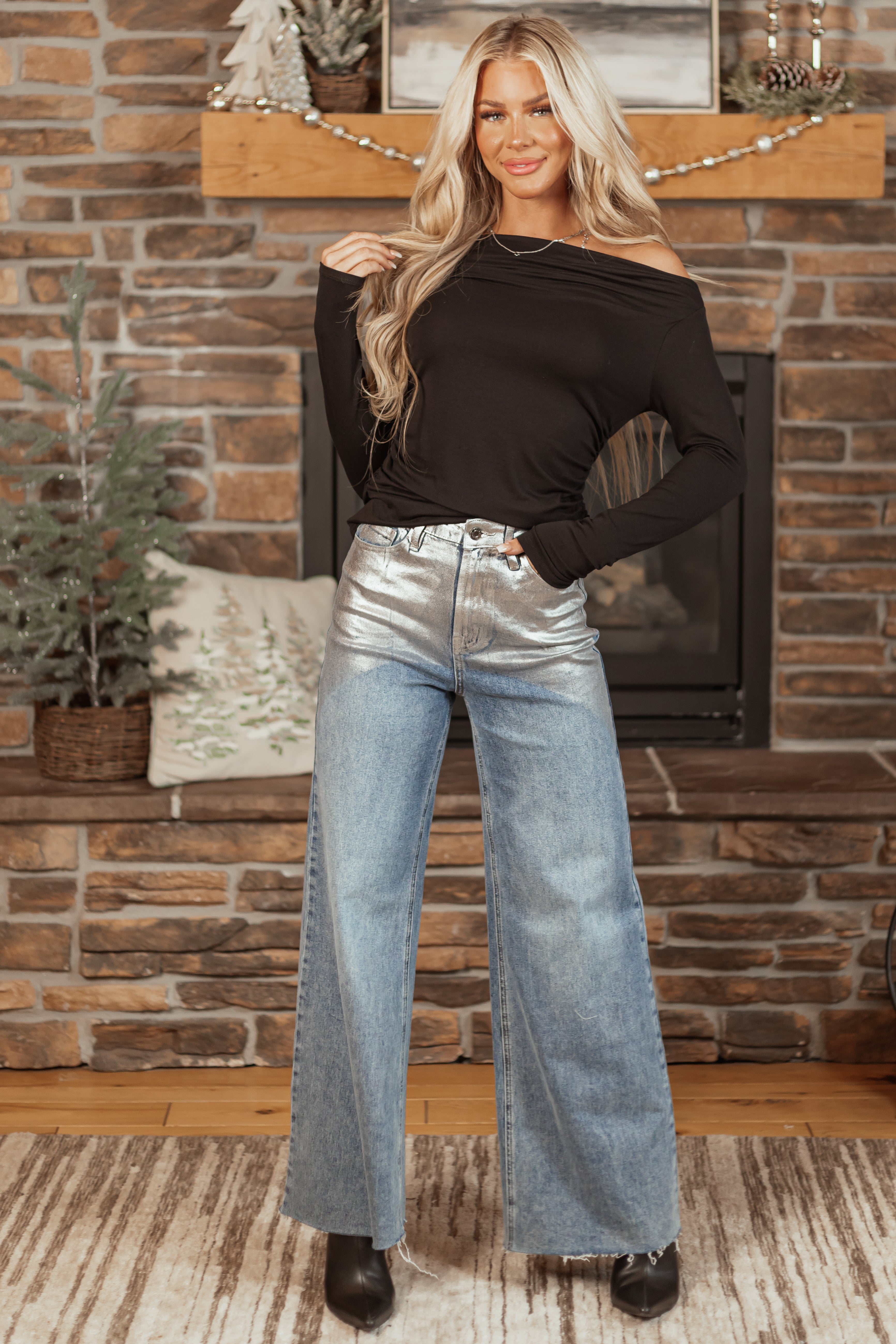 Cello Medium Wash Silver Foiled Wide Leg Jeans-Newayad