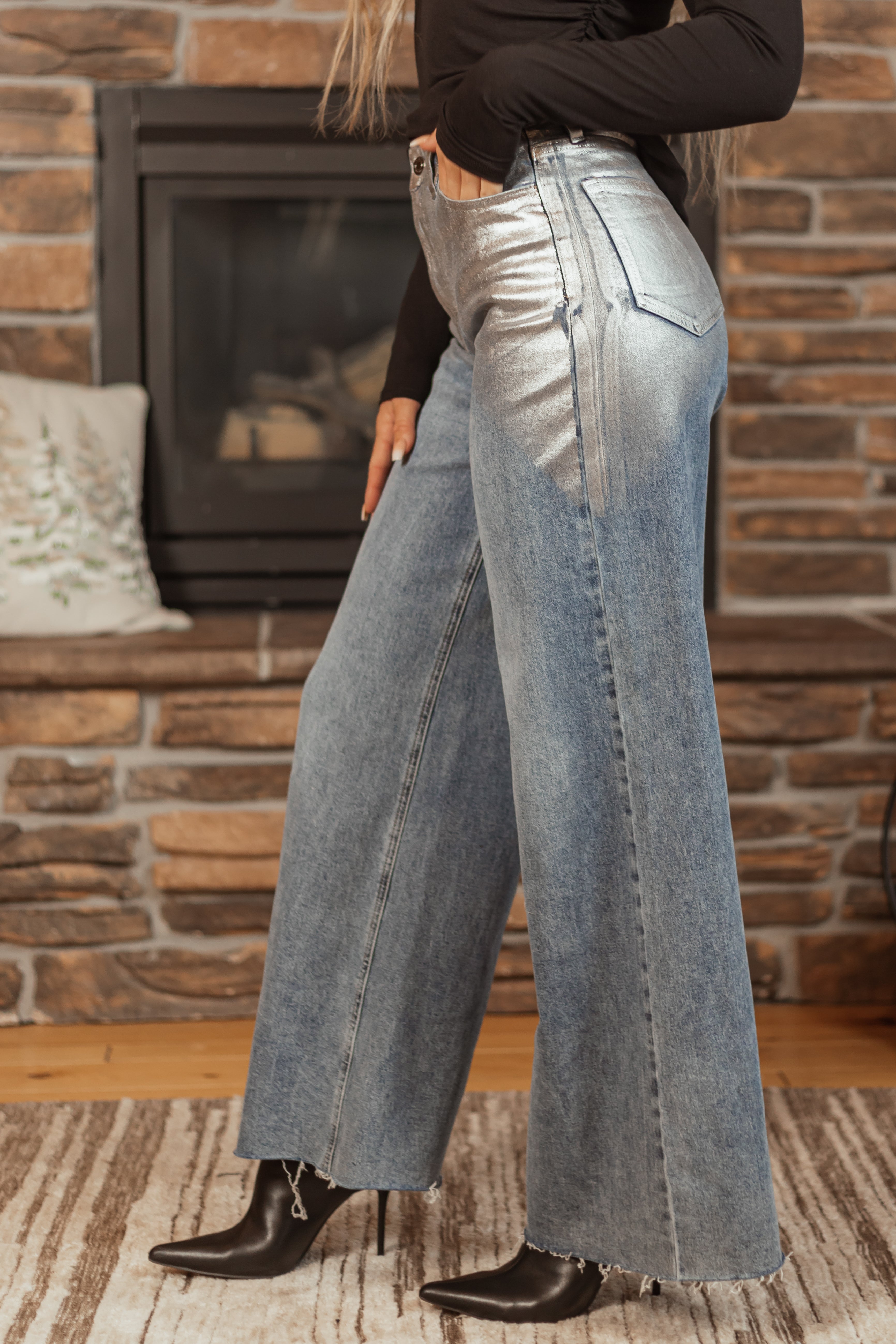 Cello Medium Wash Silver Foiled Wide Leg Jeans-Newayad