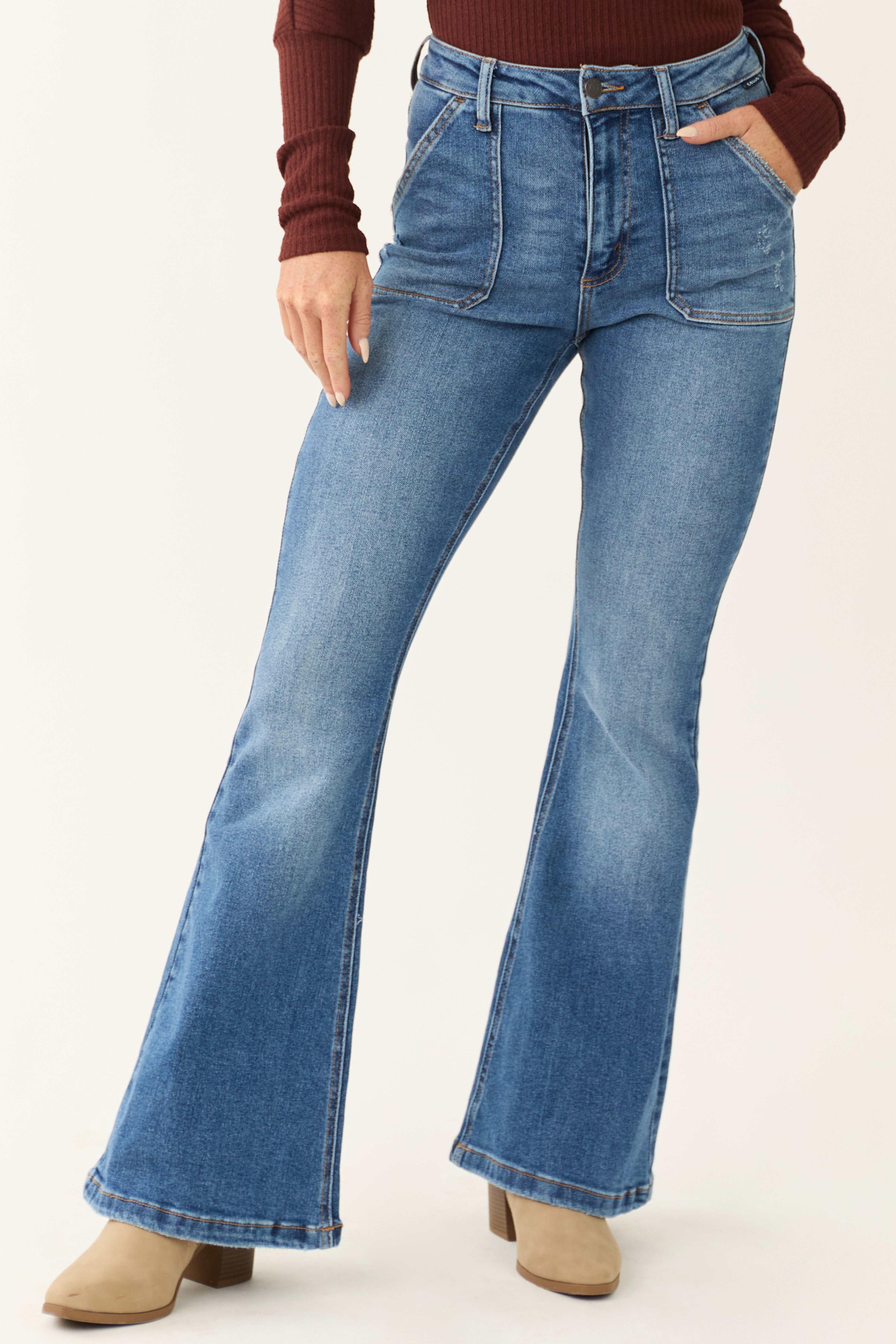 Cello Medium Wash Slant Pocket Flare Jeans-Newayad