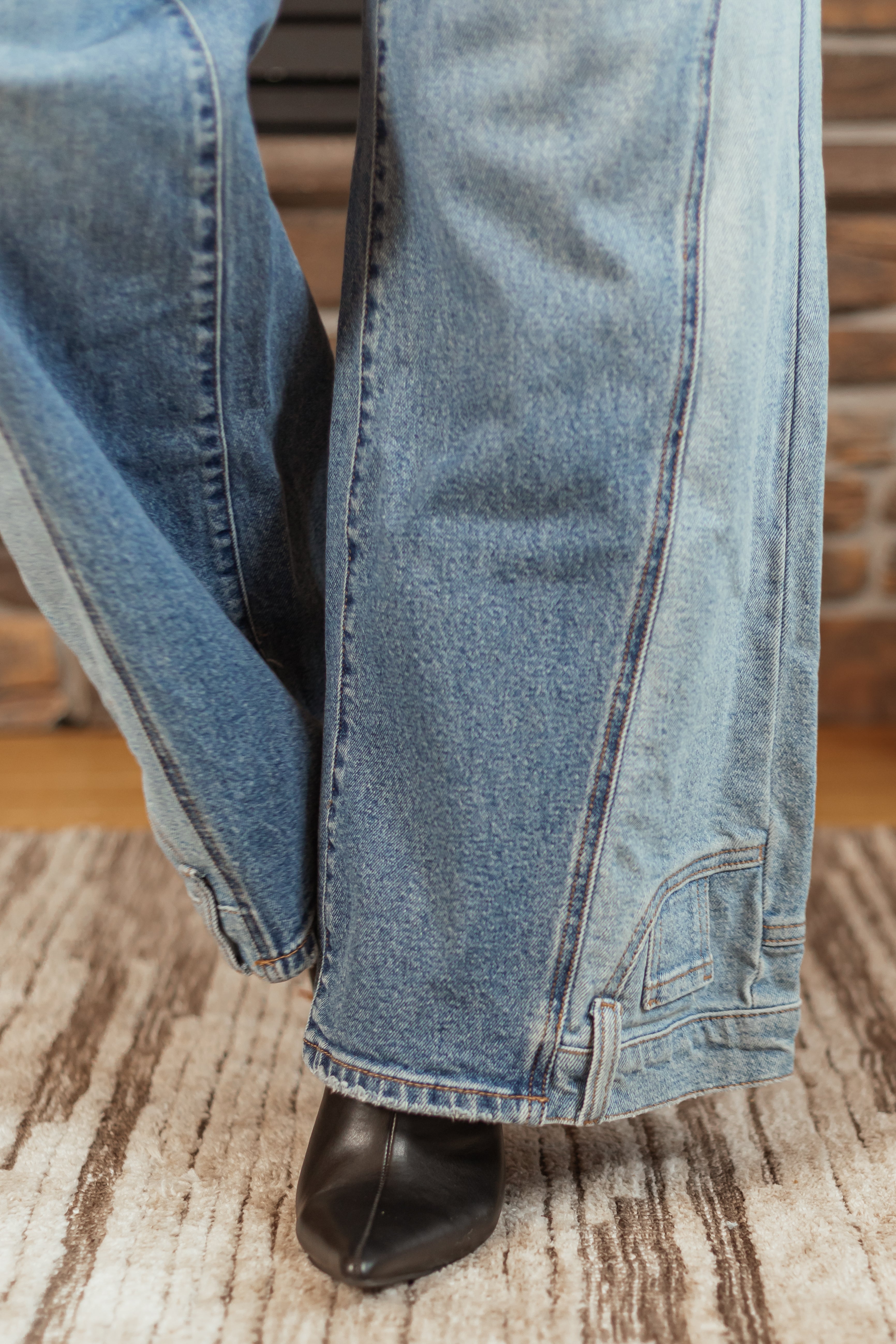 Cello Medium Wash Pocket Hem Detail Wide Leg Jeans-Newayad