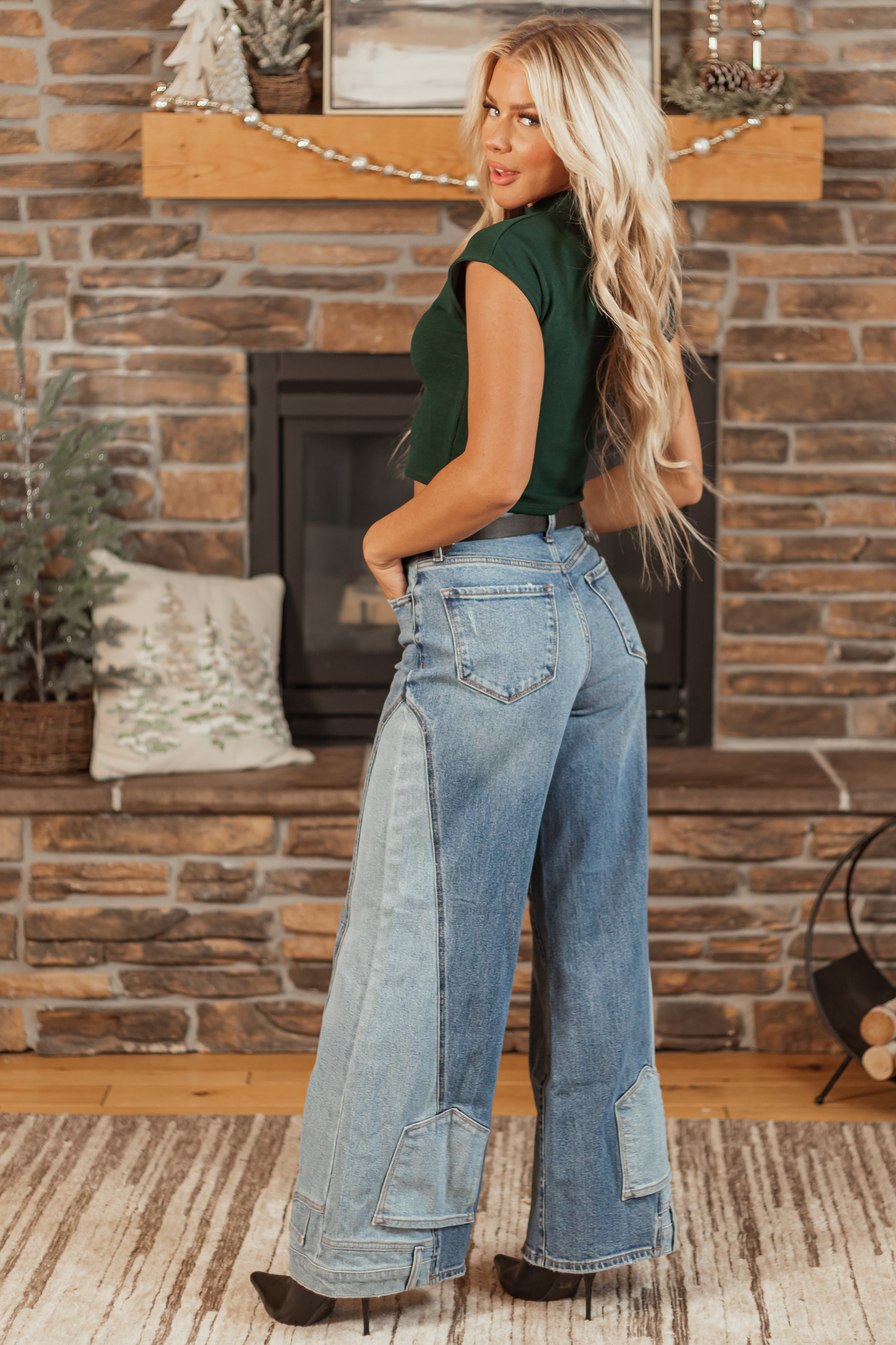 Cello Medium Wash Pocket Hem Detail Wide Leg Jeans-Newayad