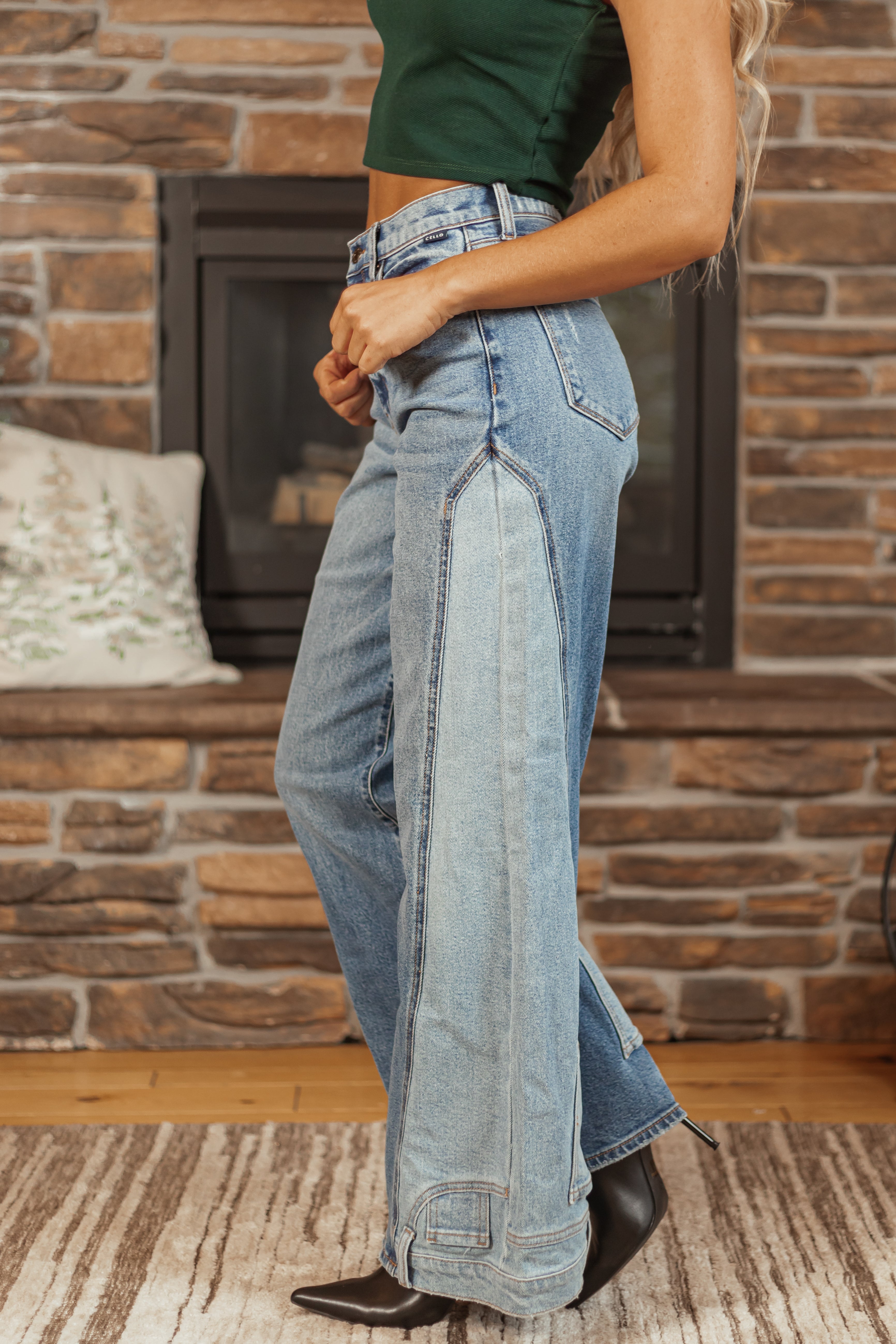 Cello Medium Wash Pocket Hem Detail Wide Leg Jeans-Newayad