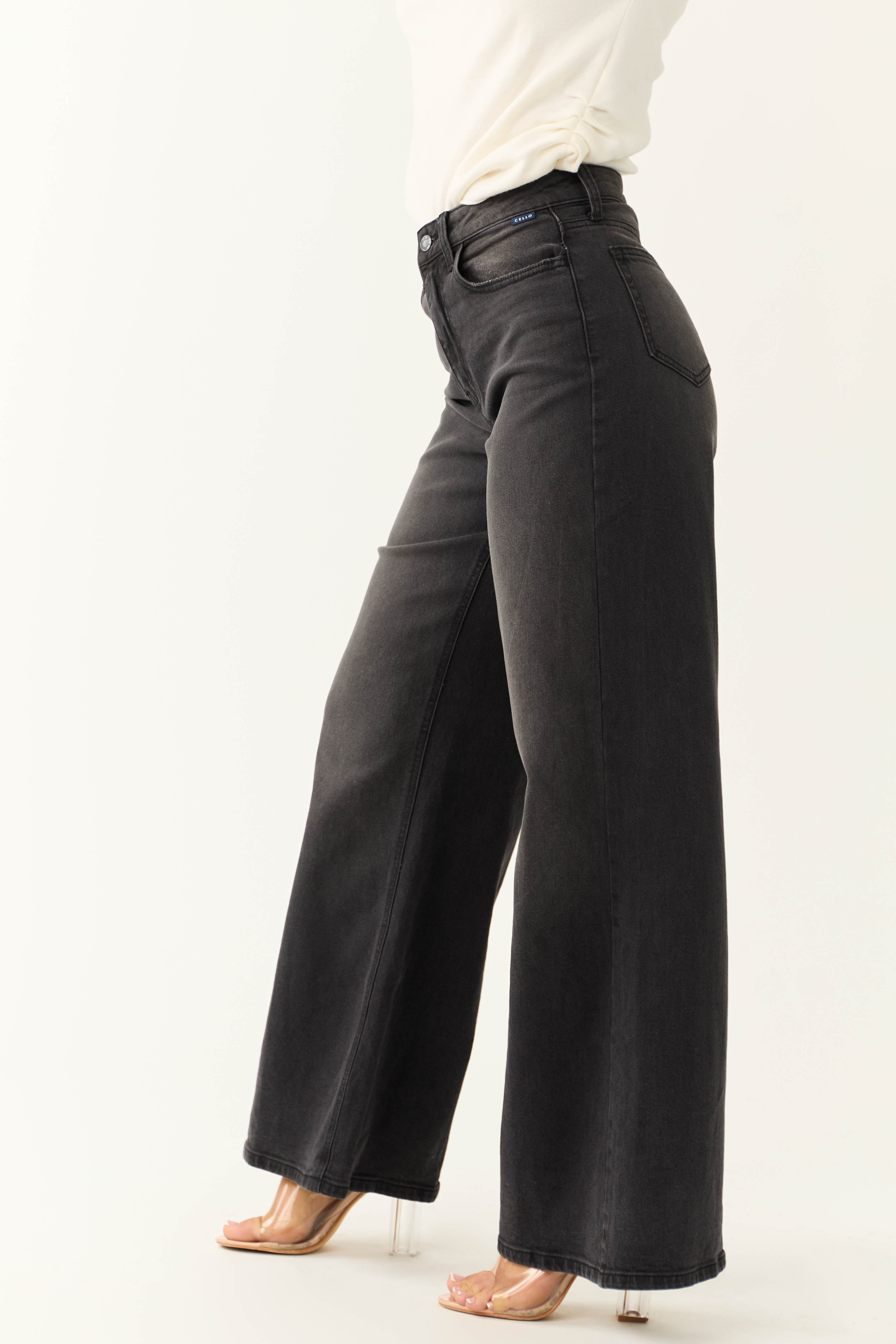Cello Washed Black Vintage Zipper Fly Wide Leg Jeans-Newayad
