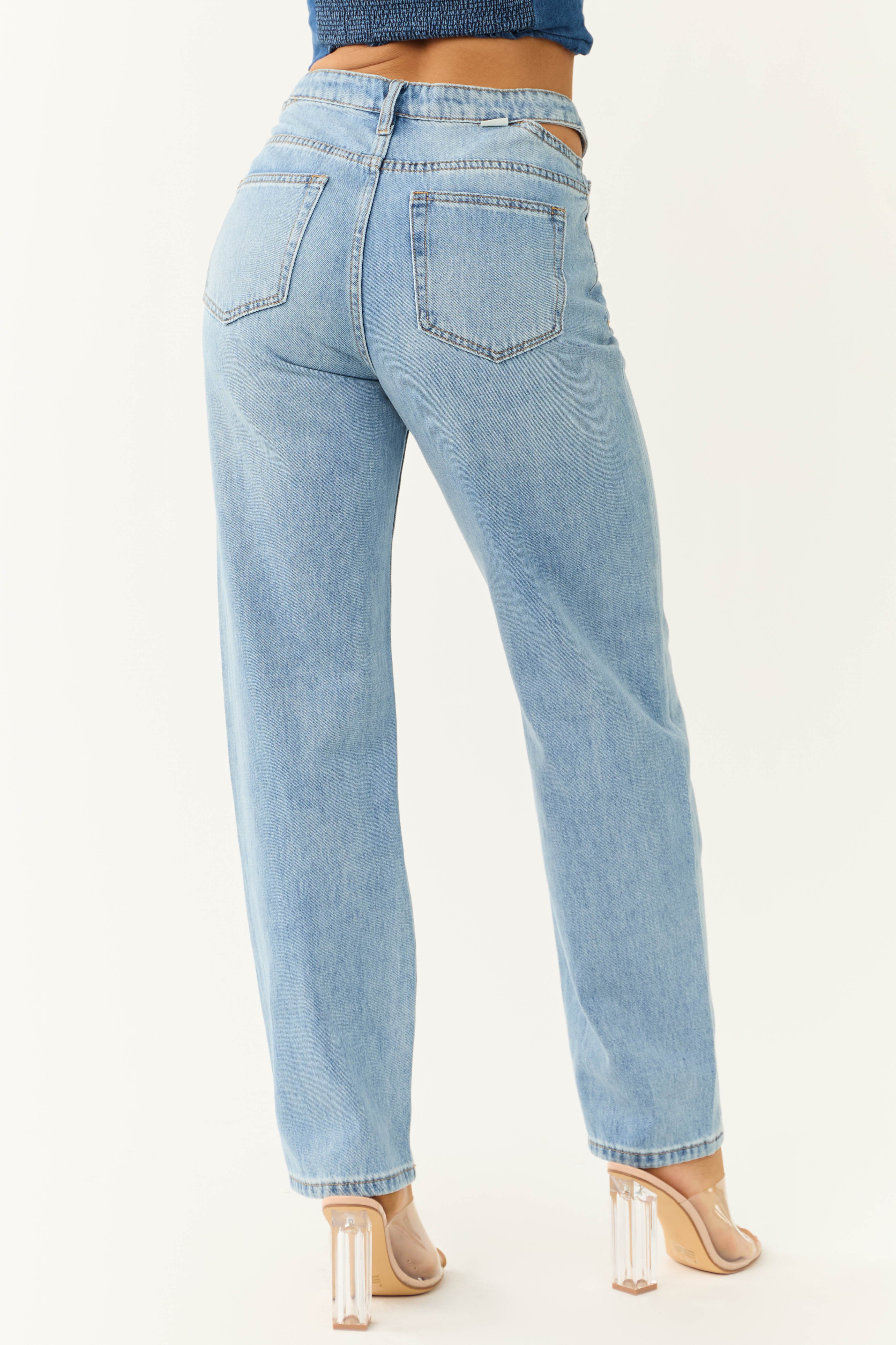 Ceros Light Wash High Rise Cut Out Waist Denim Jeans-Newayad