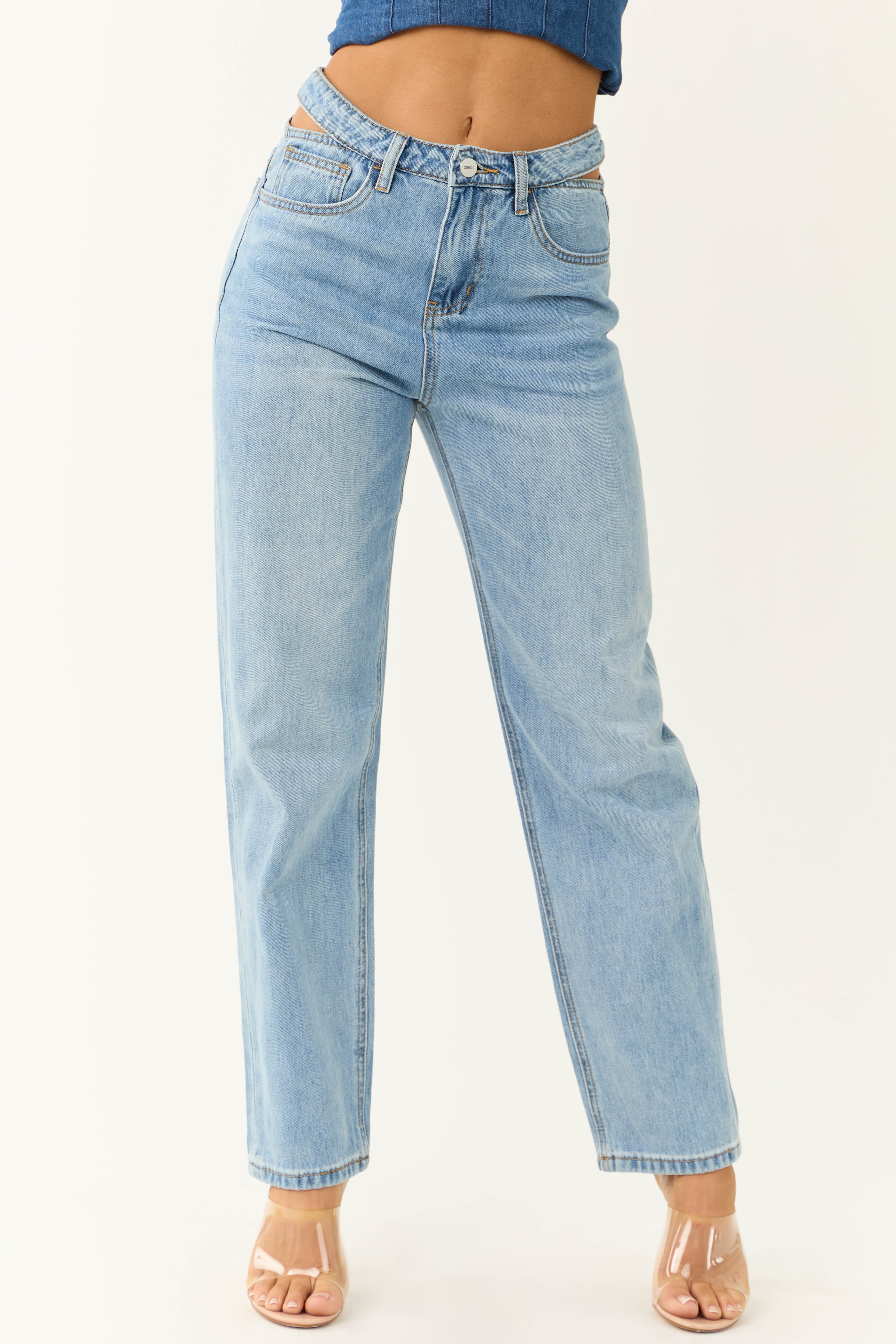 Ceros Light Wash High Rise Cut Out Waist Denim Jeans-Newayad
