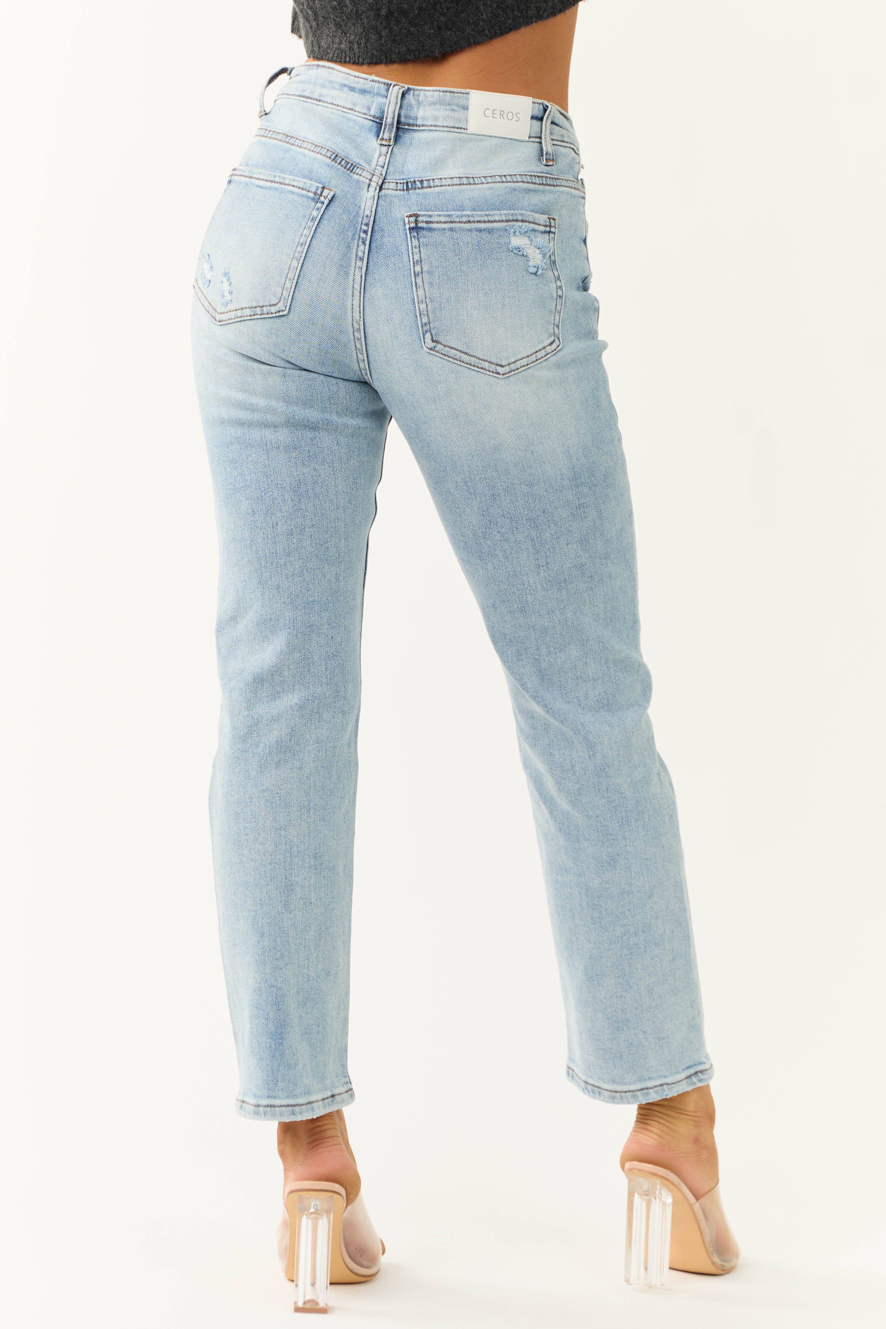 Ceros Light Wash High Rise Rhinestone Detail Ankle Jeans-Newayad