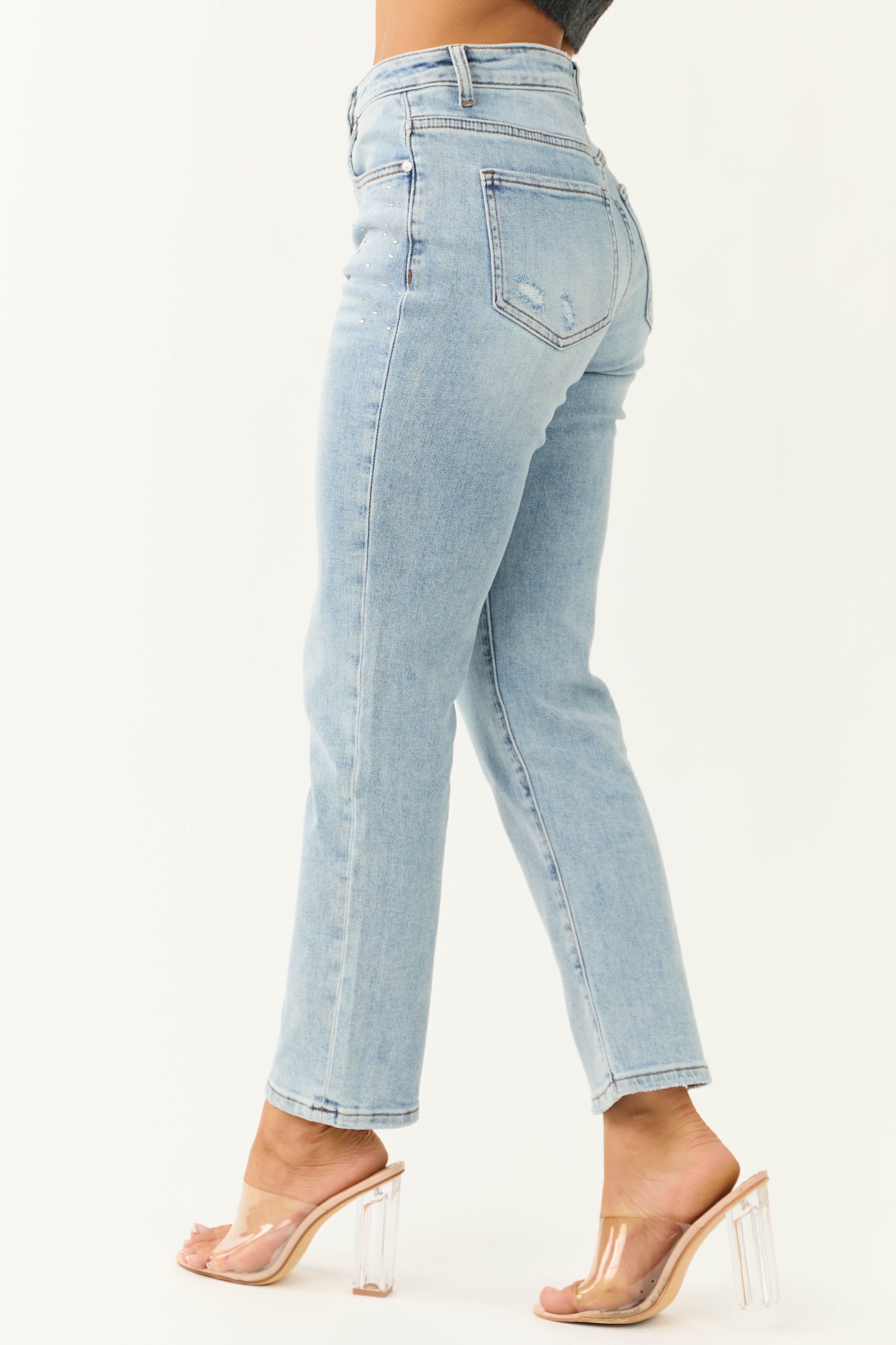 Ceros Light Wash High Rise Rhinestone Detail Ankle Jeans-Newayad