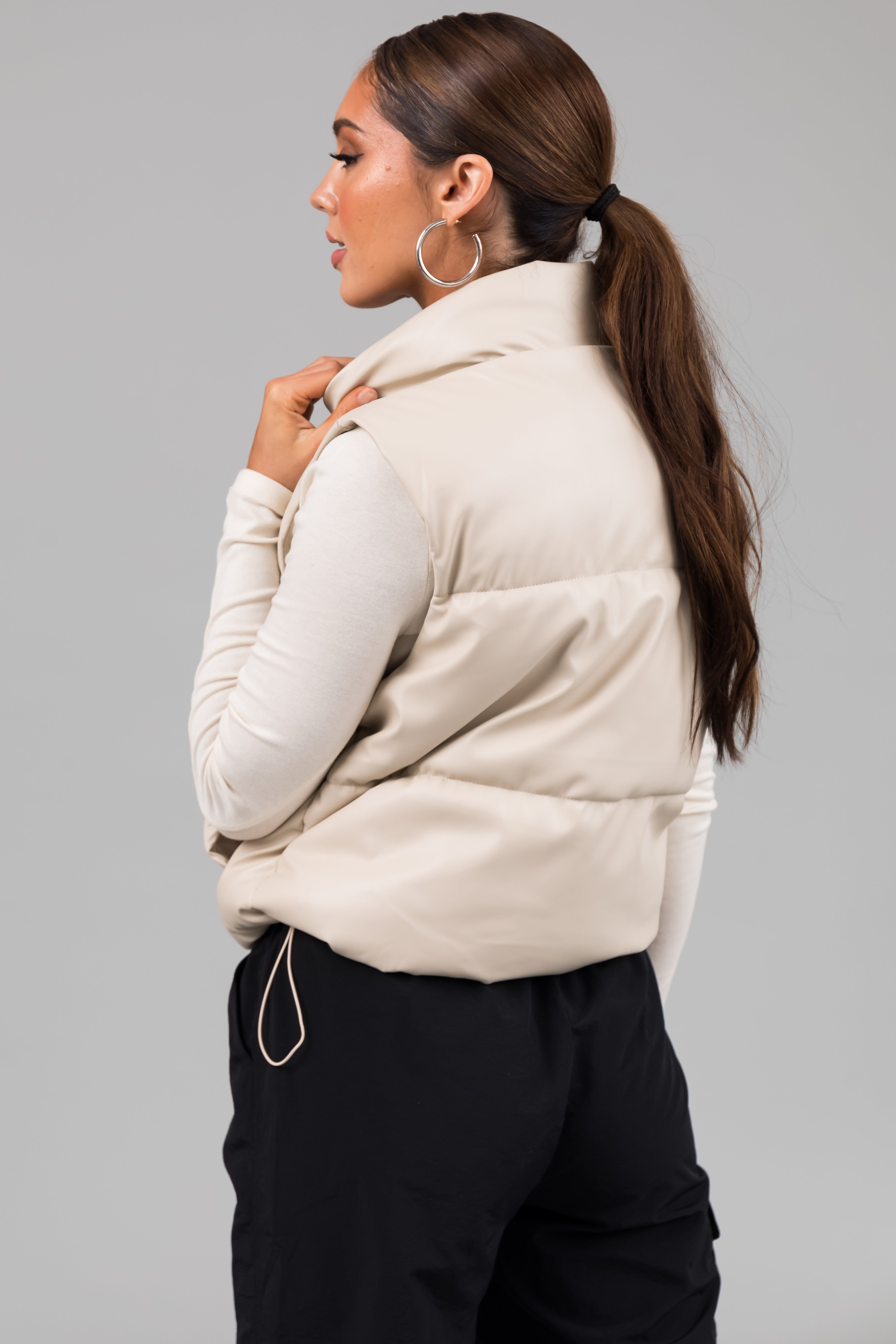 Champagne Faux Leather High Neck Puffer Vest-Newayad