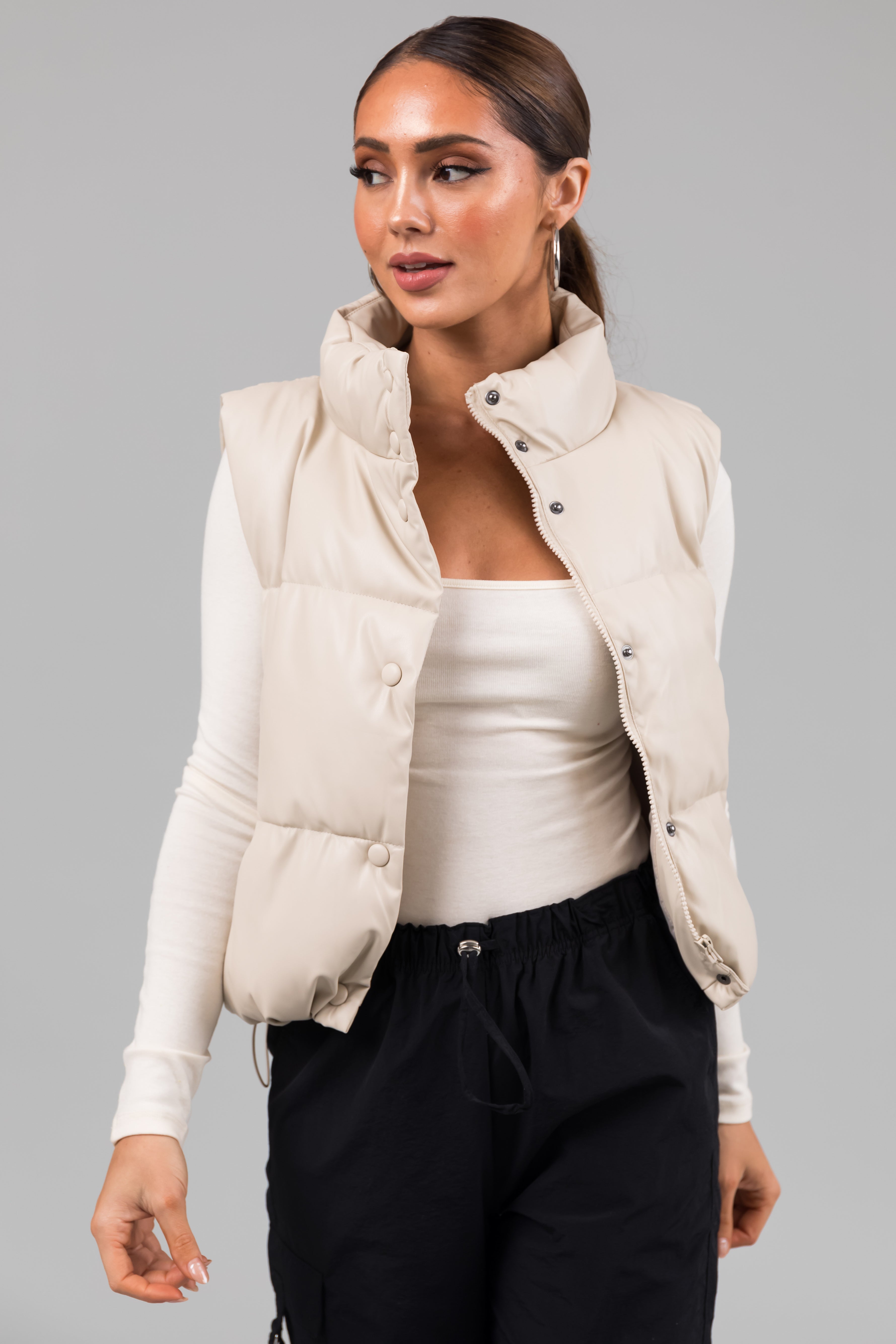 Champagne Faux Leather High Neck Puffer Vest-Newayad