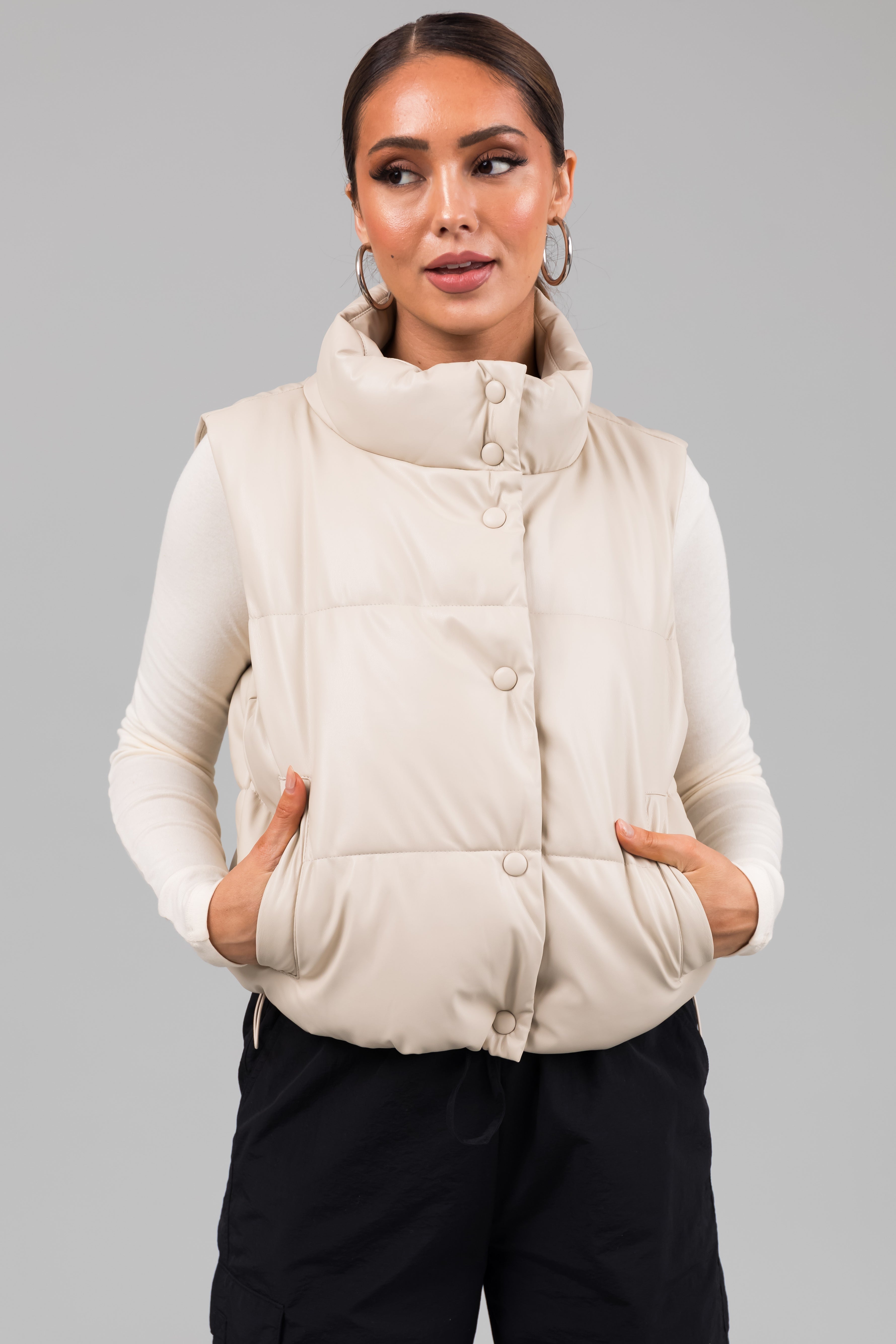 Champagne Faux Leather High Neck Puffer Vest-Newayad