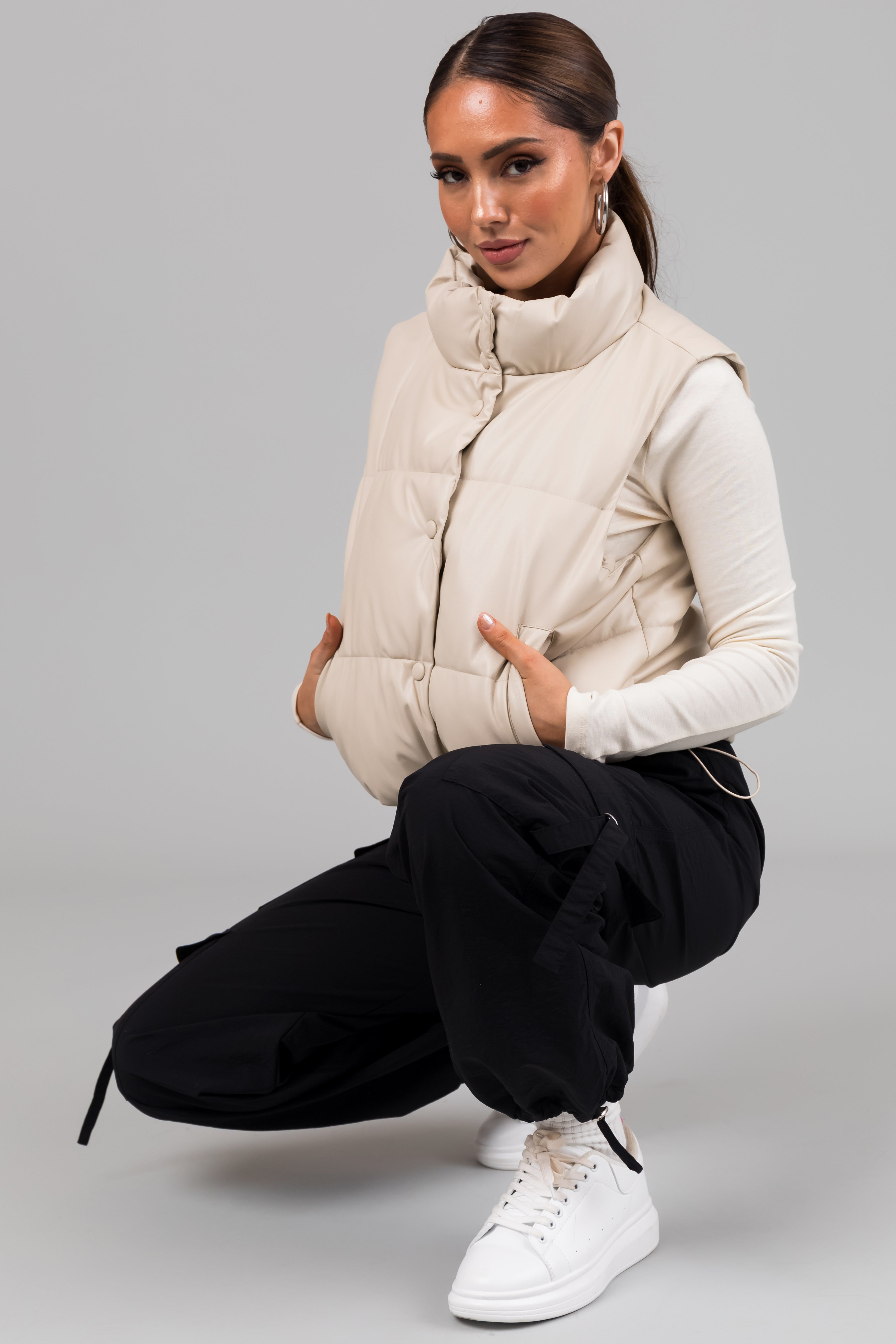 Champagne Faux Leather High Neck Puffer Vest-Newayad