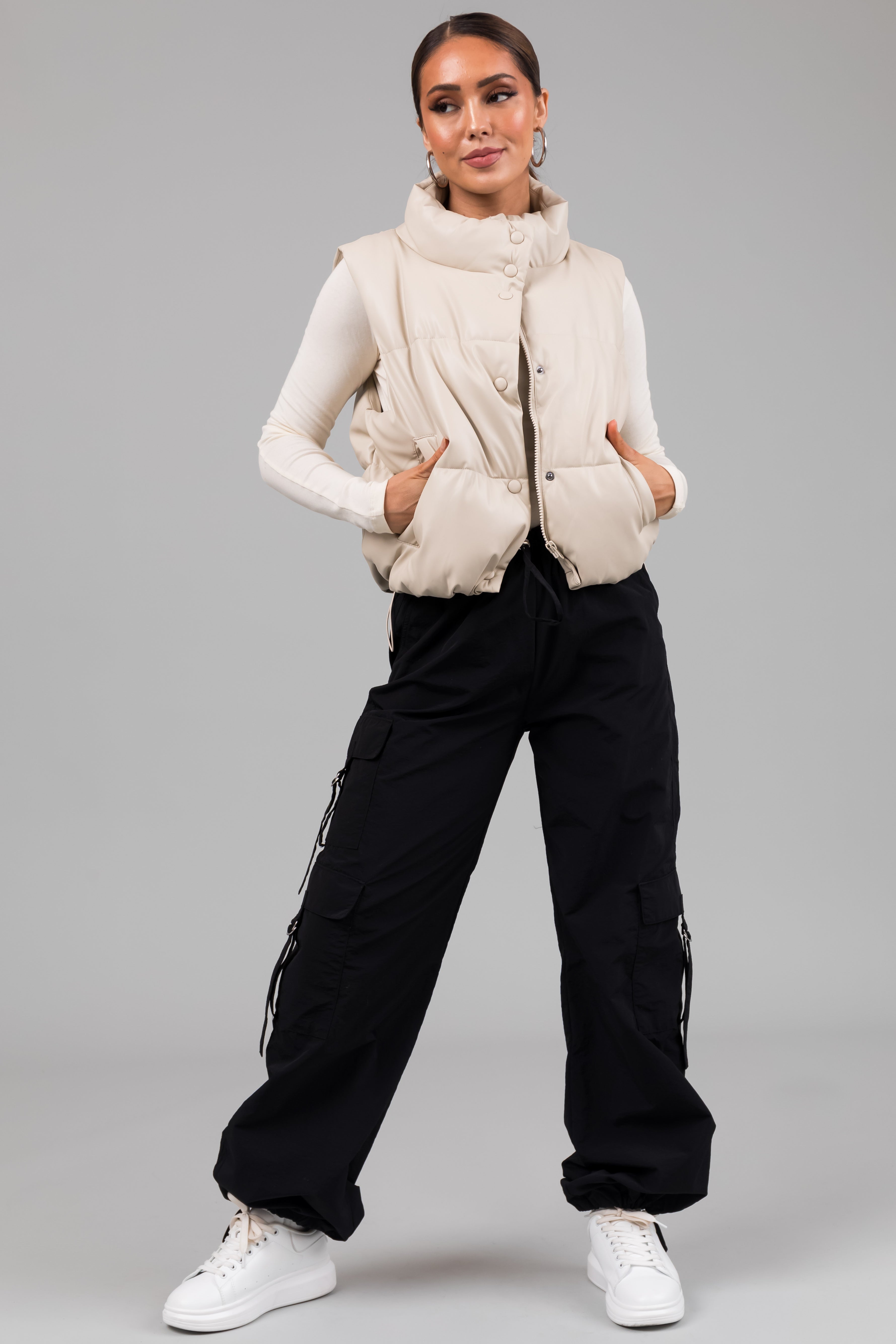 Champagne Faux Leather High Neck Puffer Vest-Newayad