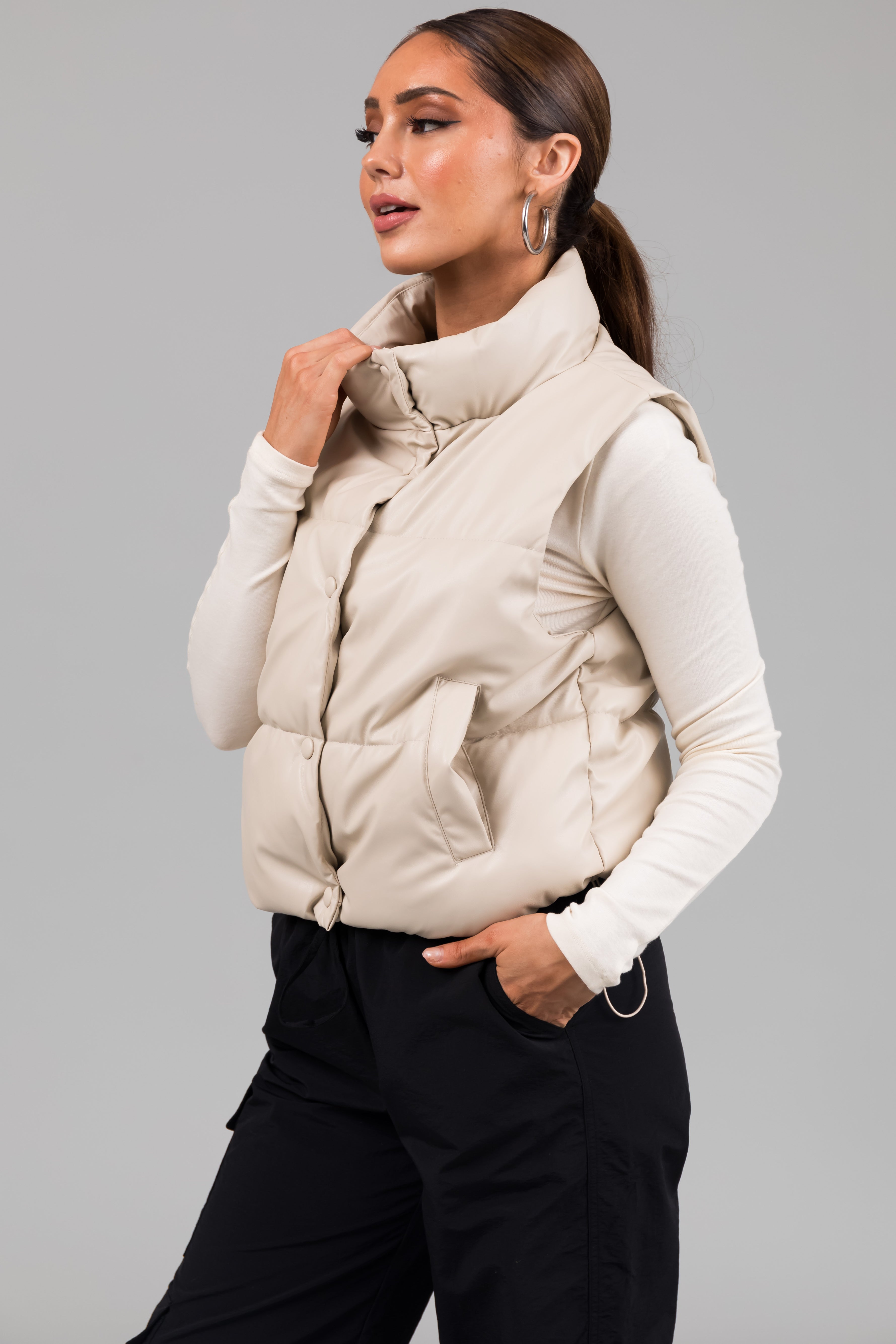 Champagne Faux Leather High Neck Puffer Vest-Newayad