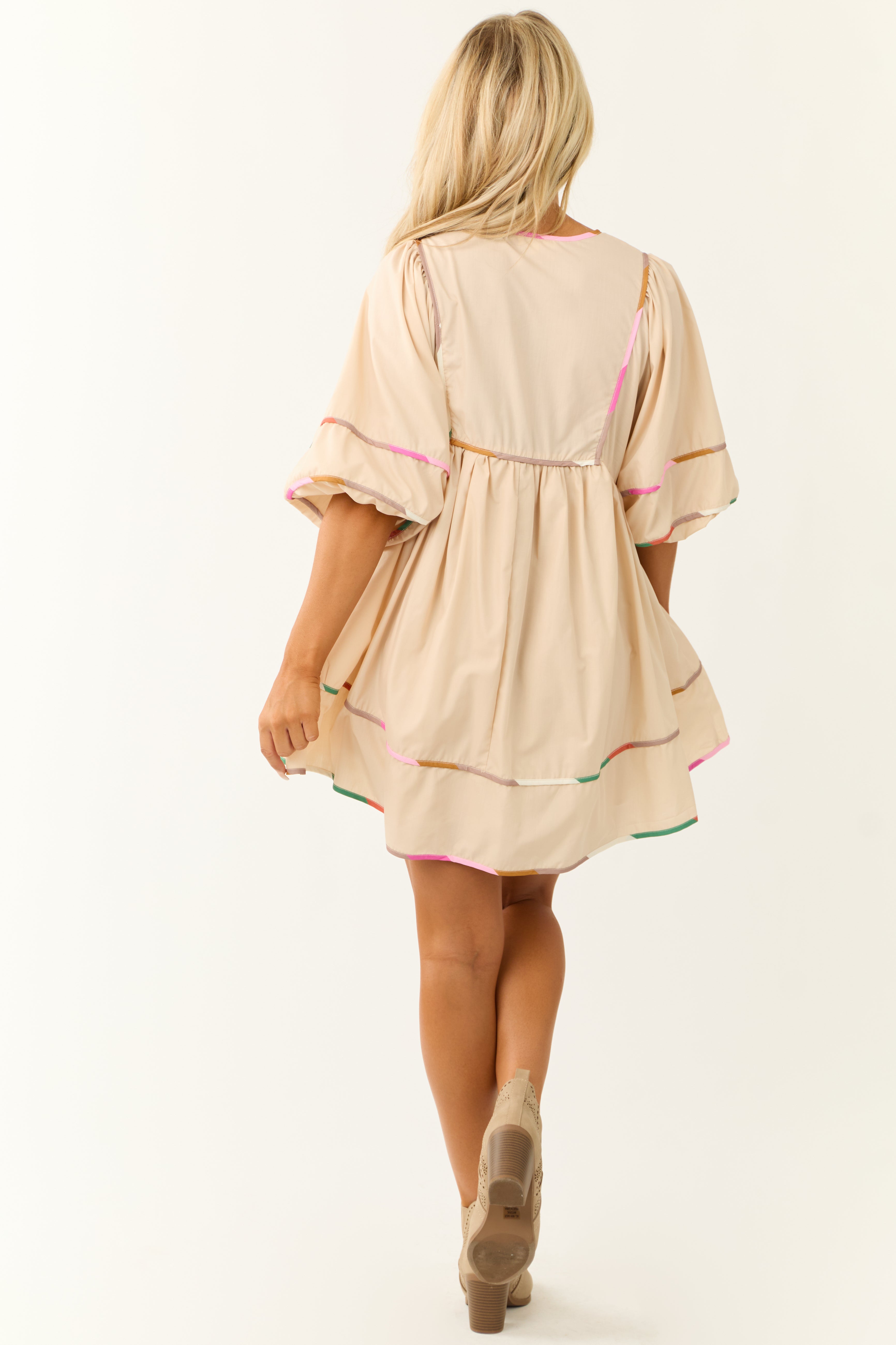 Champagne Neck Tie Short Dress with Colorful Trim-Newayad