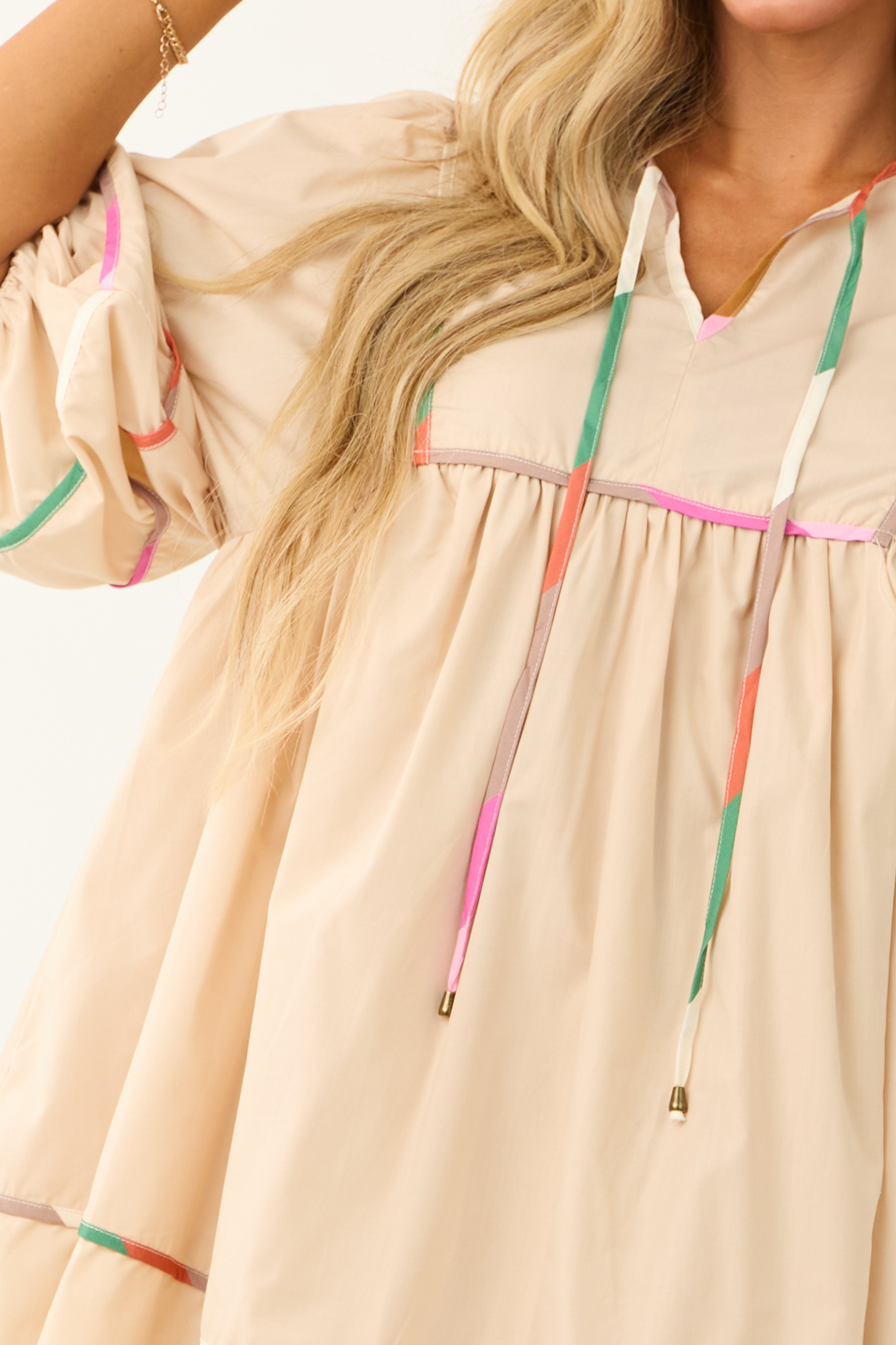 Champagne Neck Tie Short Dress with Colorful Trim-Newayad