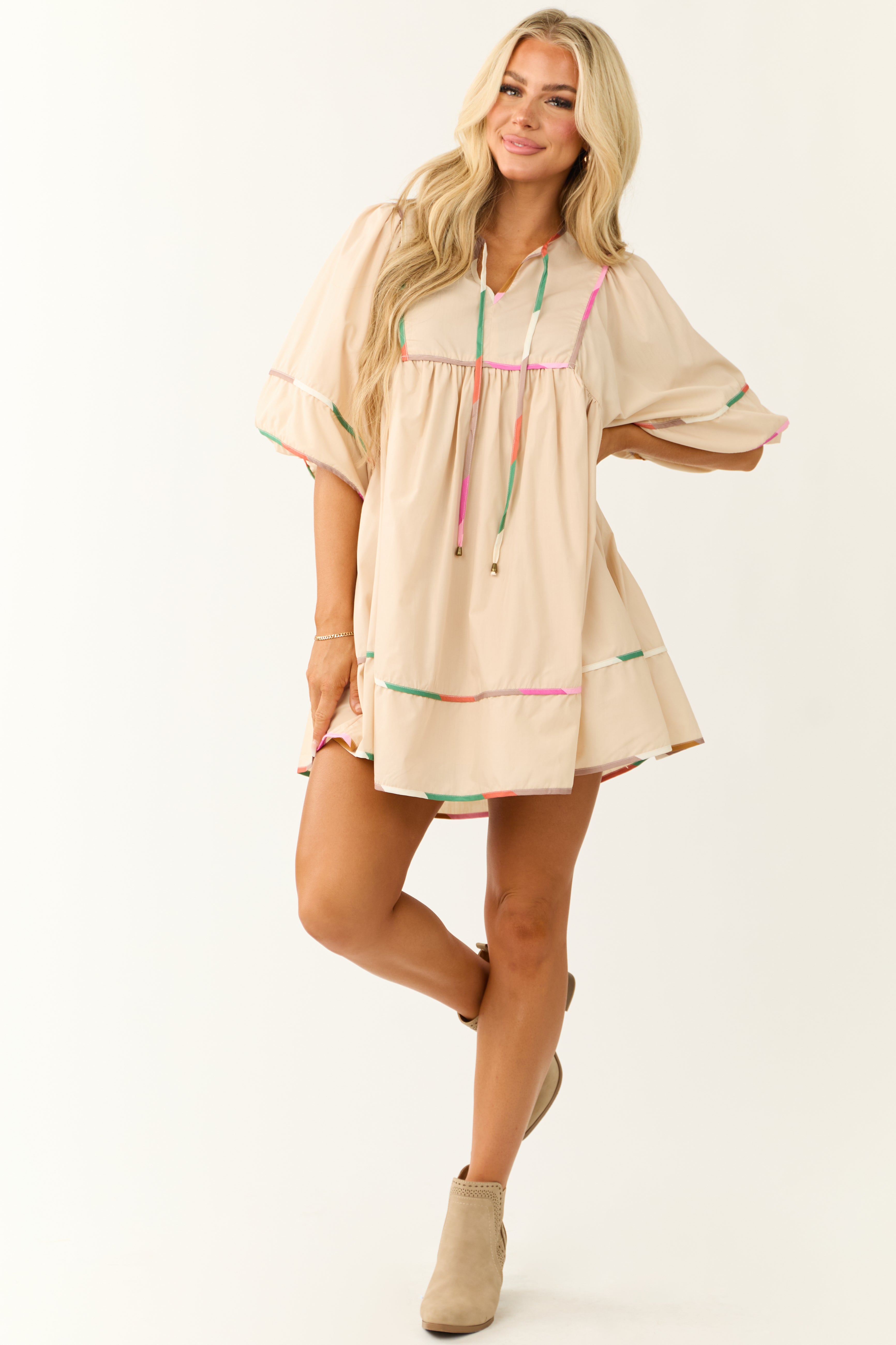 Champagne Neck Tie Short Dress with Colorful Trim-Newayad