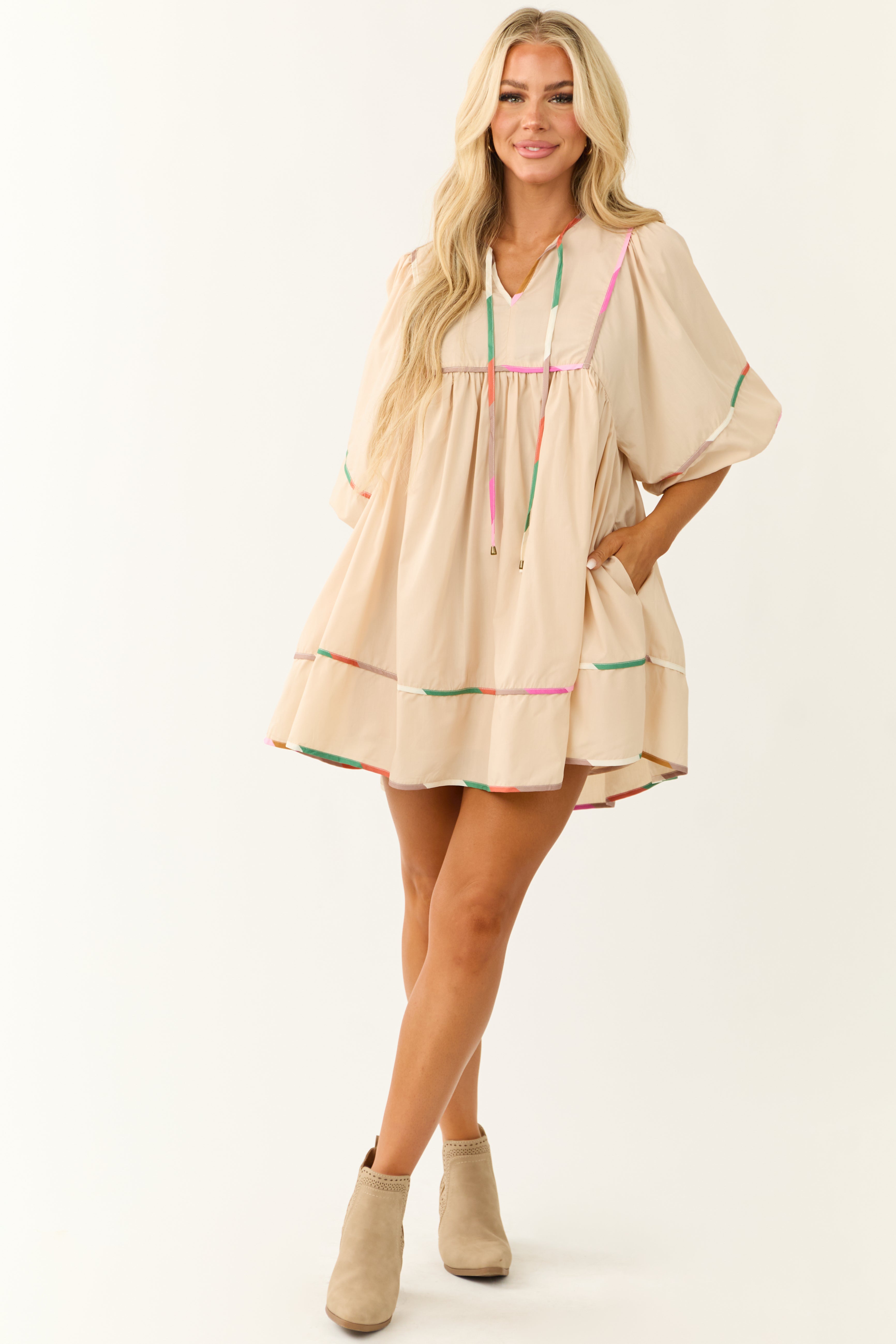 Champagne Neck Tie Short Dress with Colorful Trim-Newayad