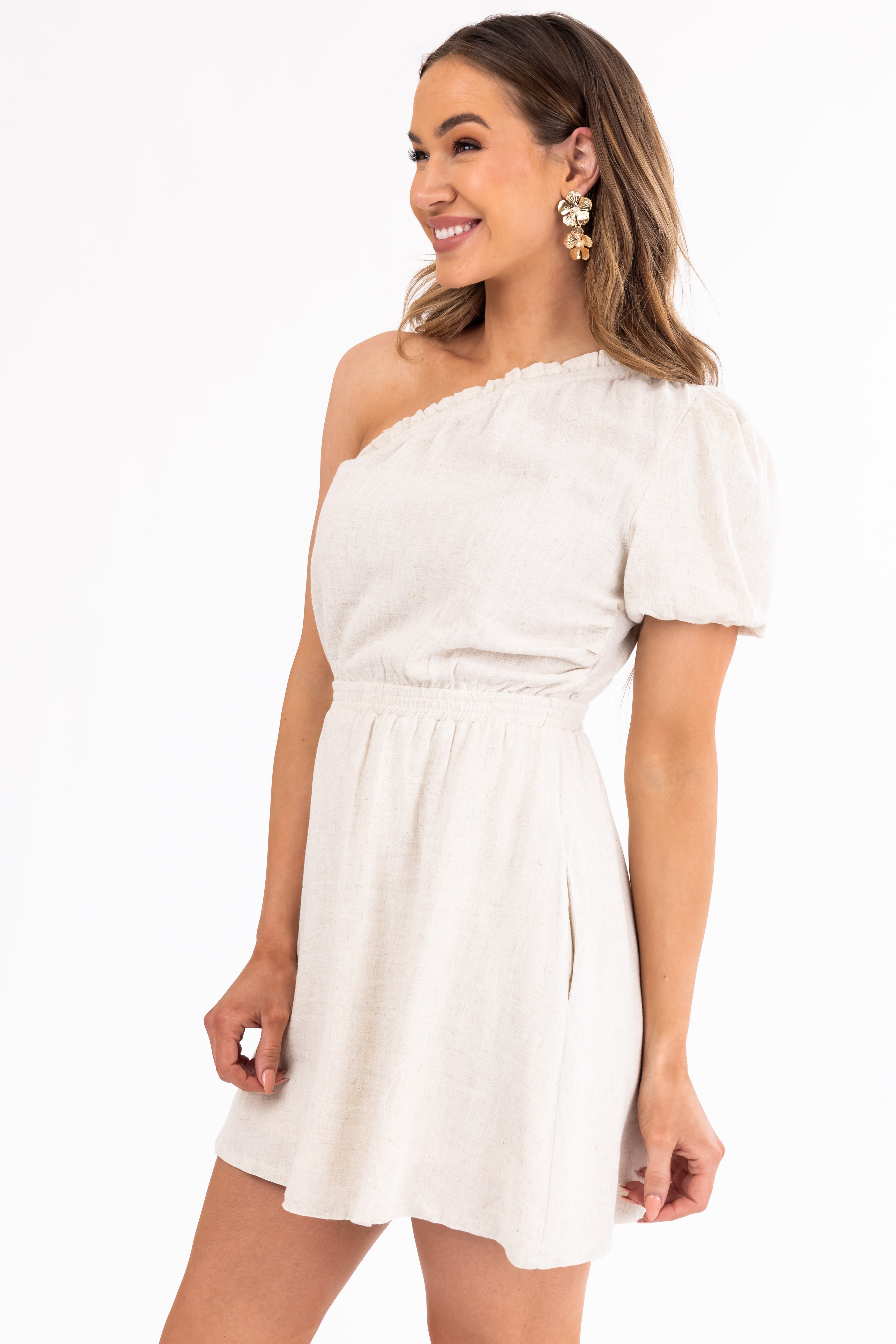 Champagne One Shoulder Mini Dress-Newayad