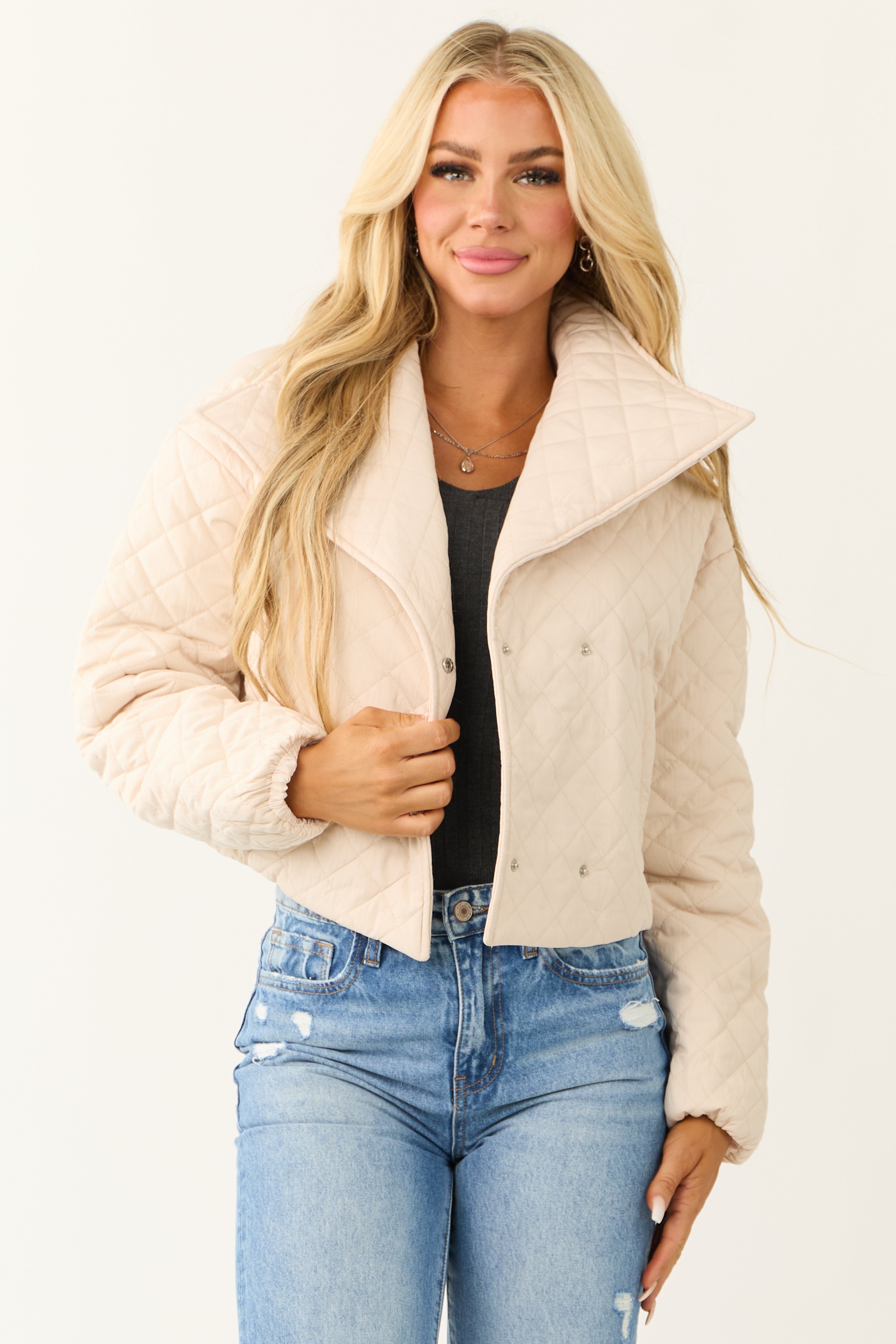 Champagne Quilted Cropped Puffer Jacket-Newayad