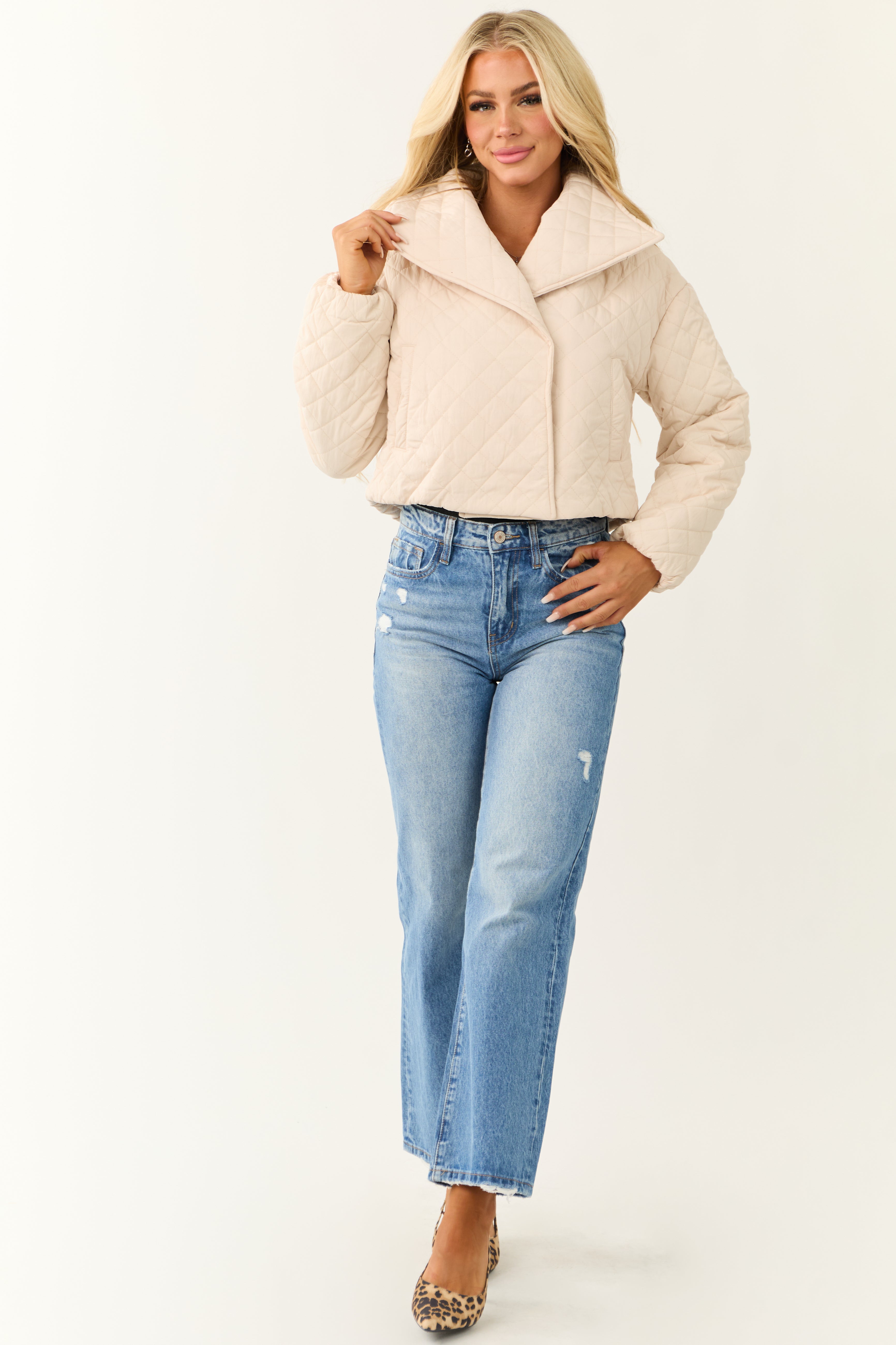 Champagne Quilted Cropped Puffer Jacket-Newayad