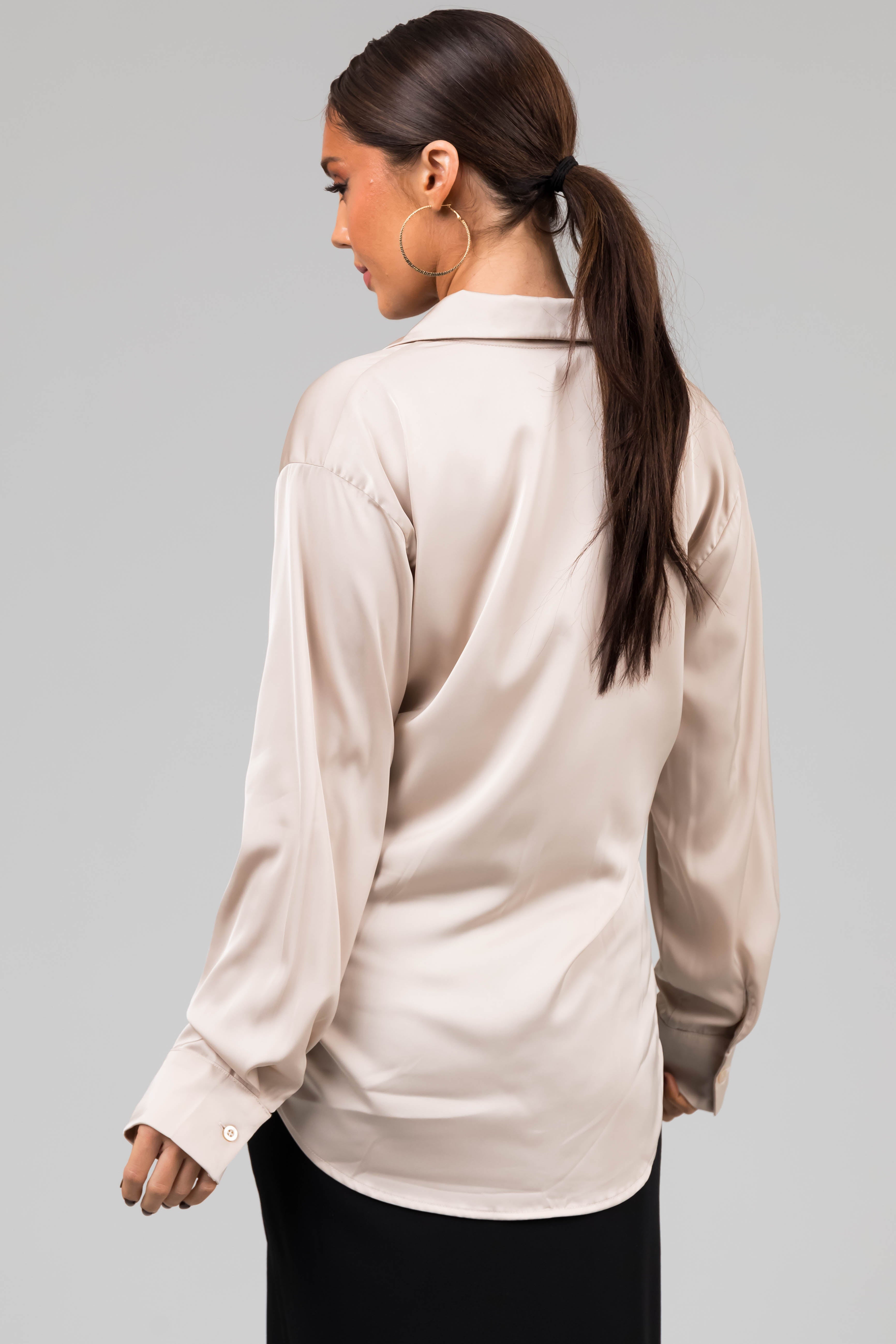 Champagne Satin Button Front Collared Shirt-Newayad