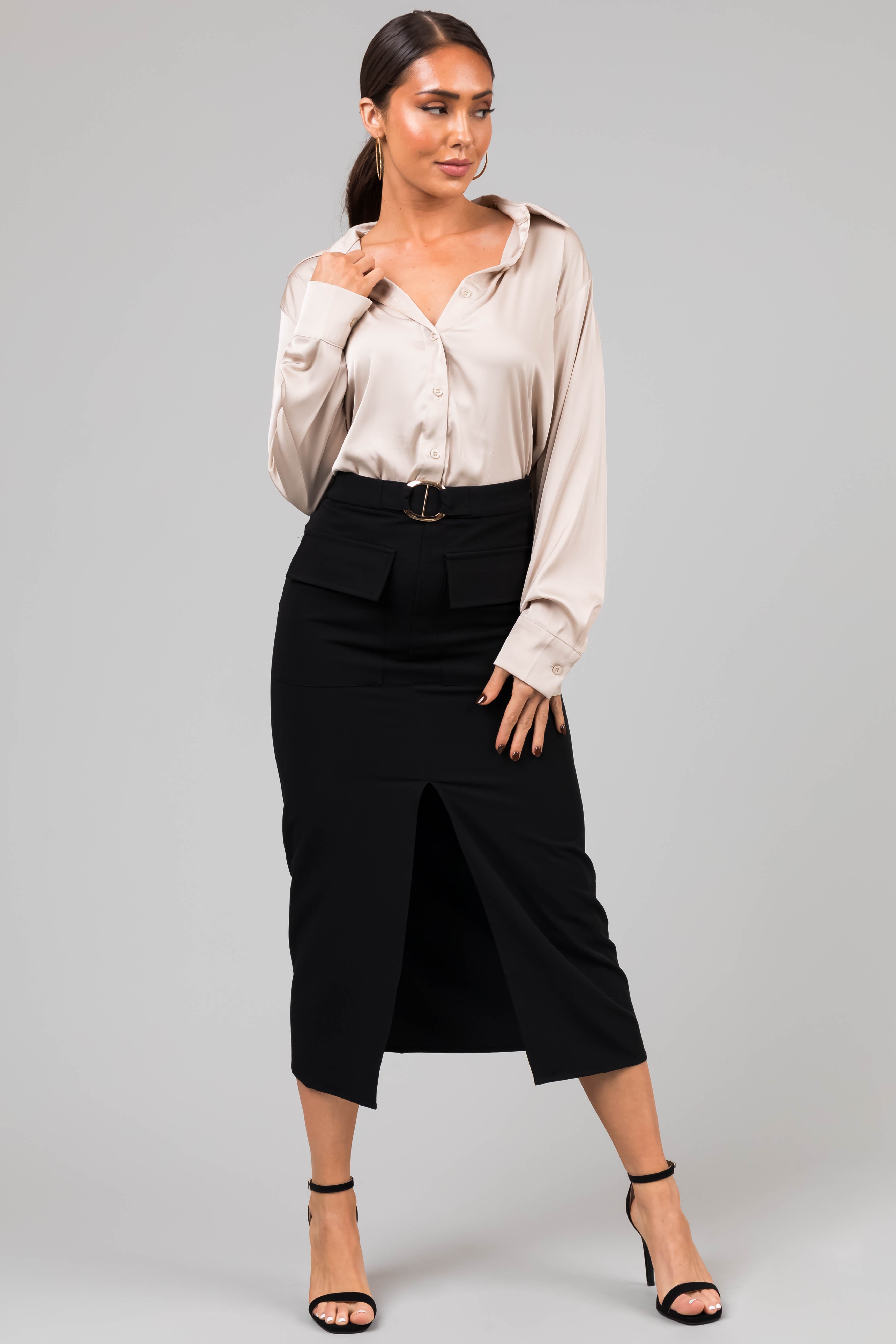 Champagne Satin Button Front Collared Shirt-Newayad