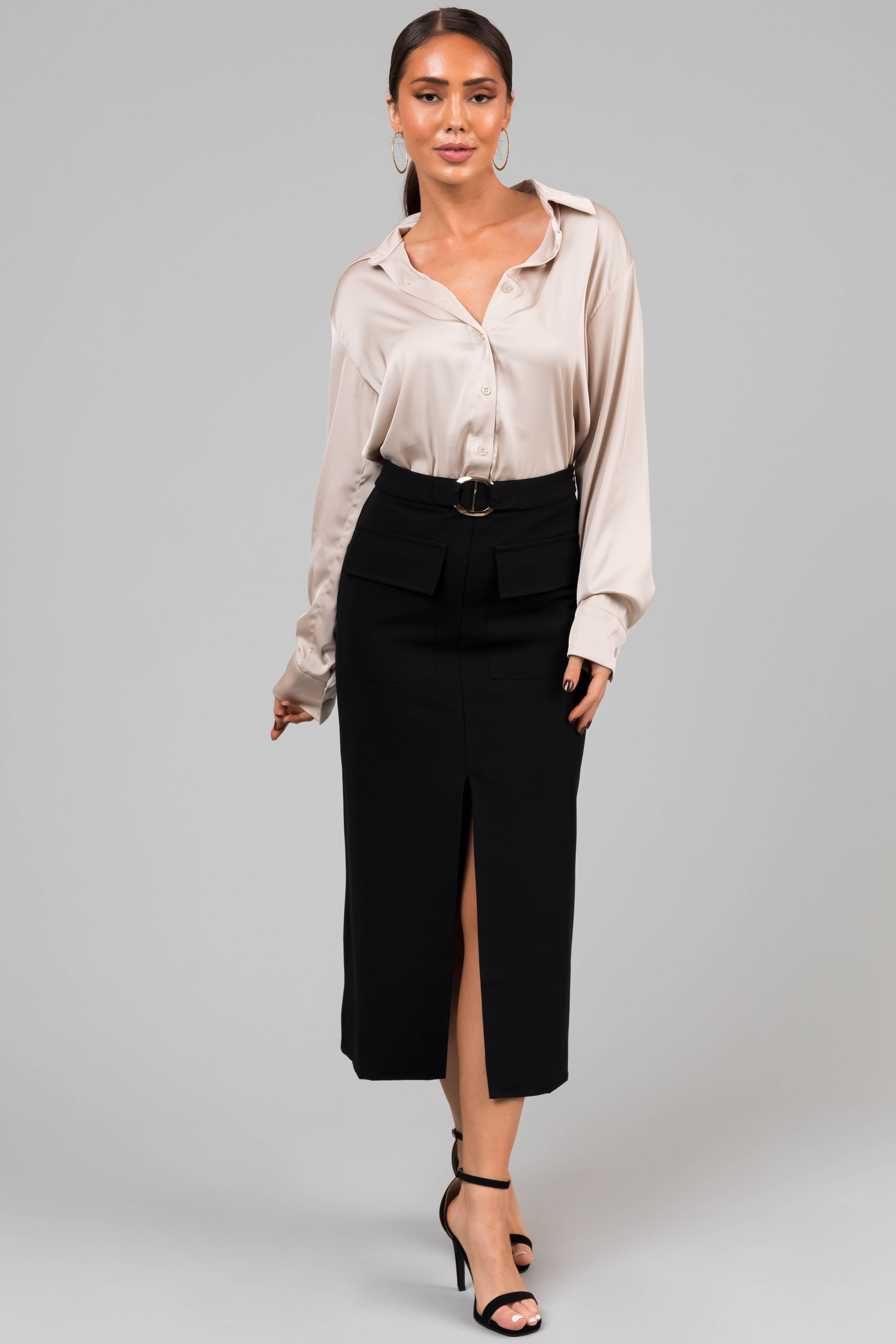 Champagne Satin Button Front Collared Shirt-Newayad