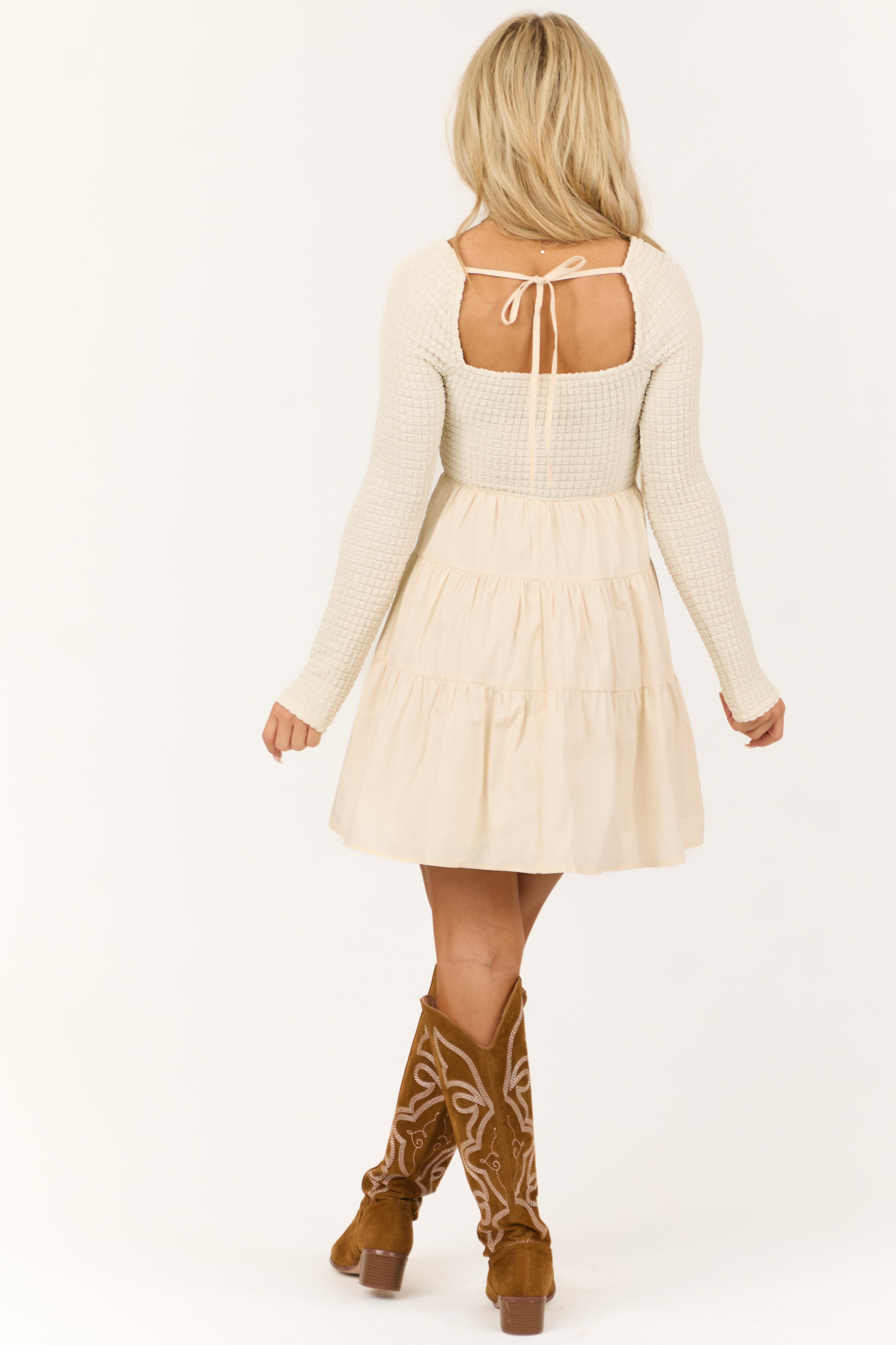 Champagne Smocked Square Neck Short Dress-Newayad