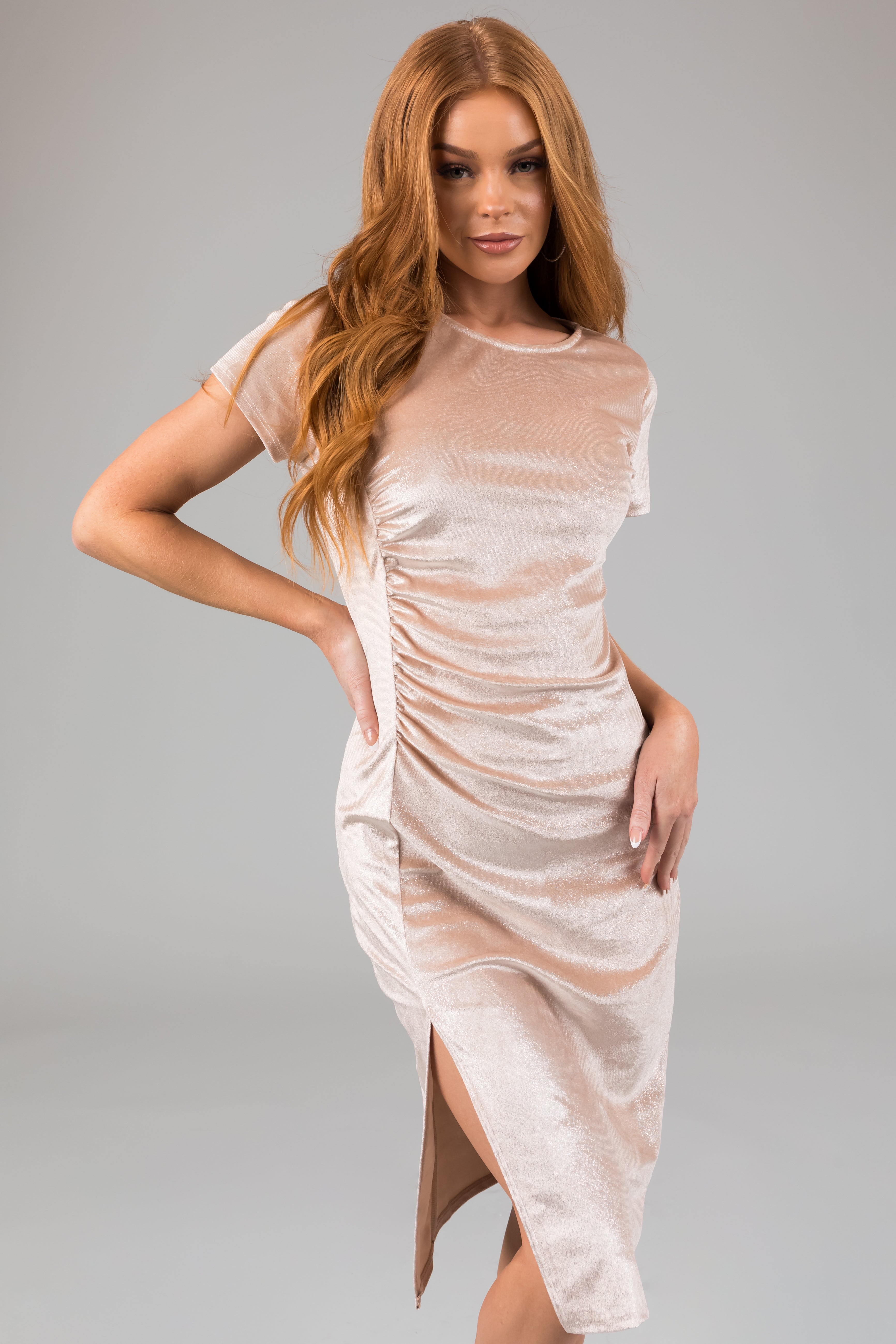Champagne Sparkle Velvet Fitted Midi Dress-Newayad