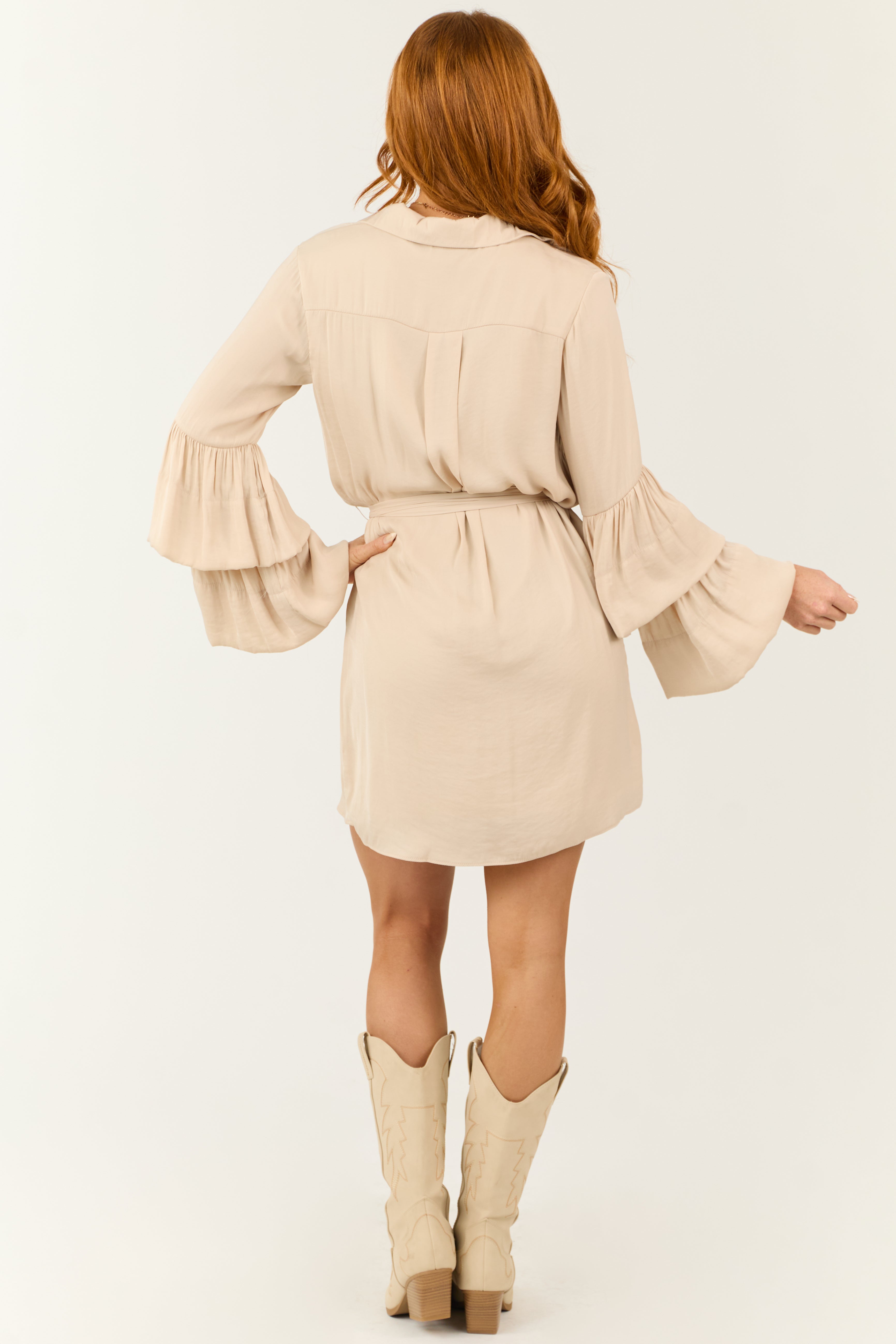 Champagne Tiered Bell Long Sleeve Short Dress-Newayad