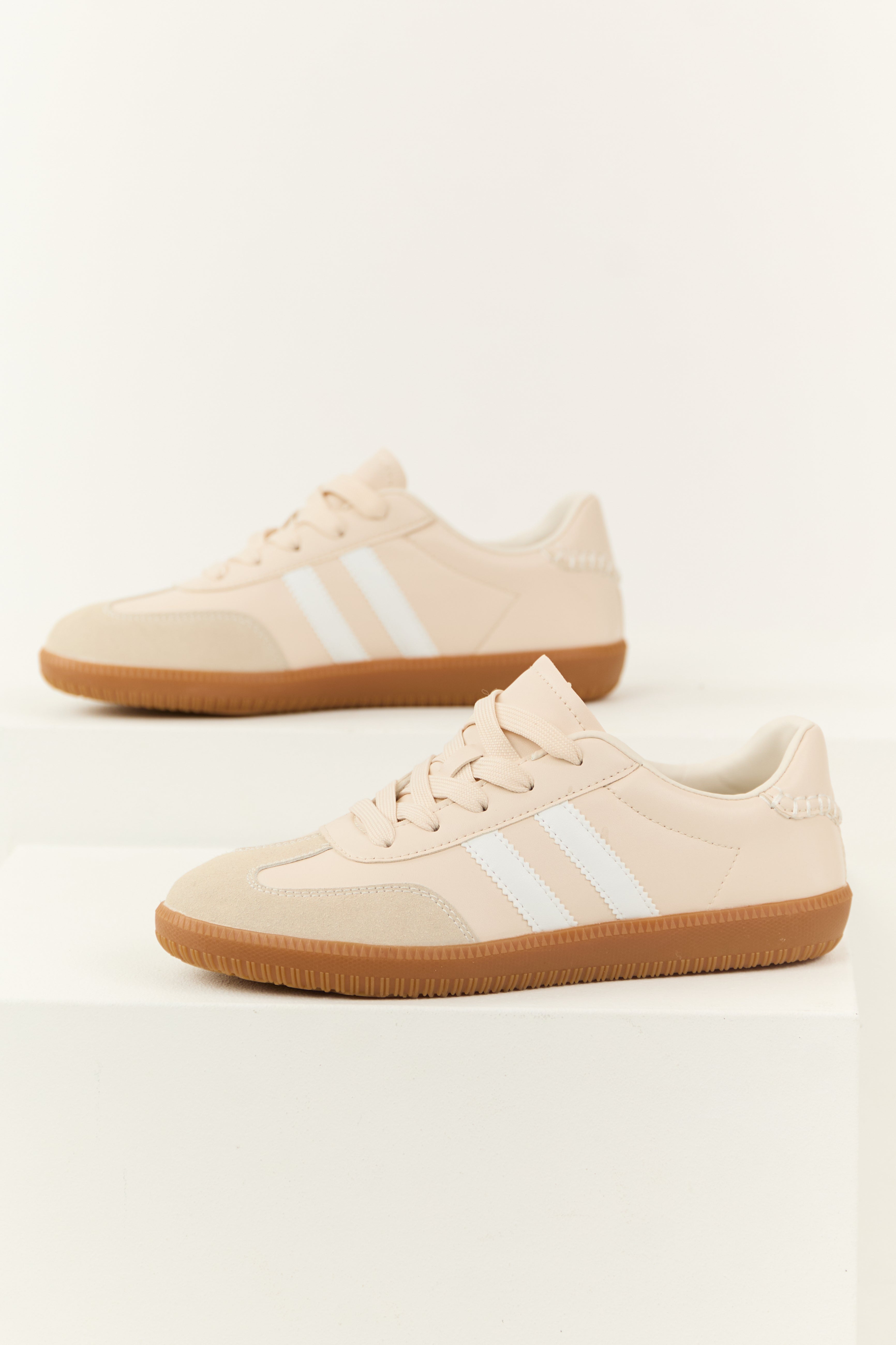 Champagne Faux Leather Stripe Lace Up Sneakers-Newayad