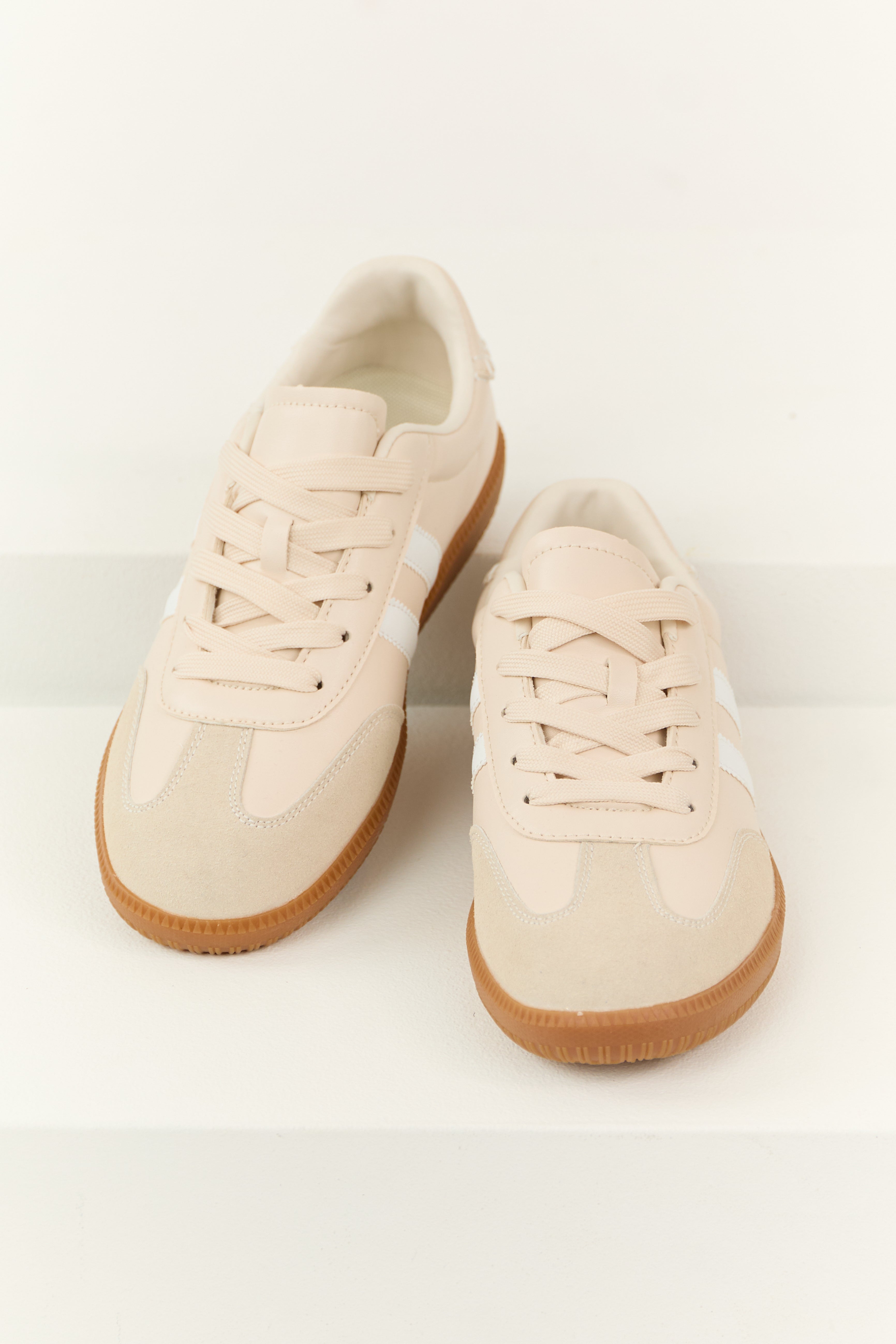 Champagne Faux Leather Stripe Lace Up Sneakers-Newayad